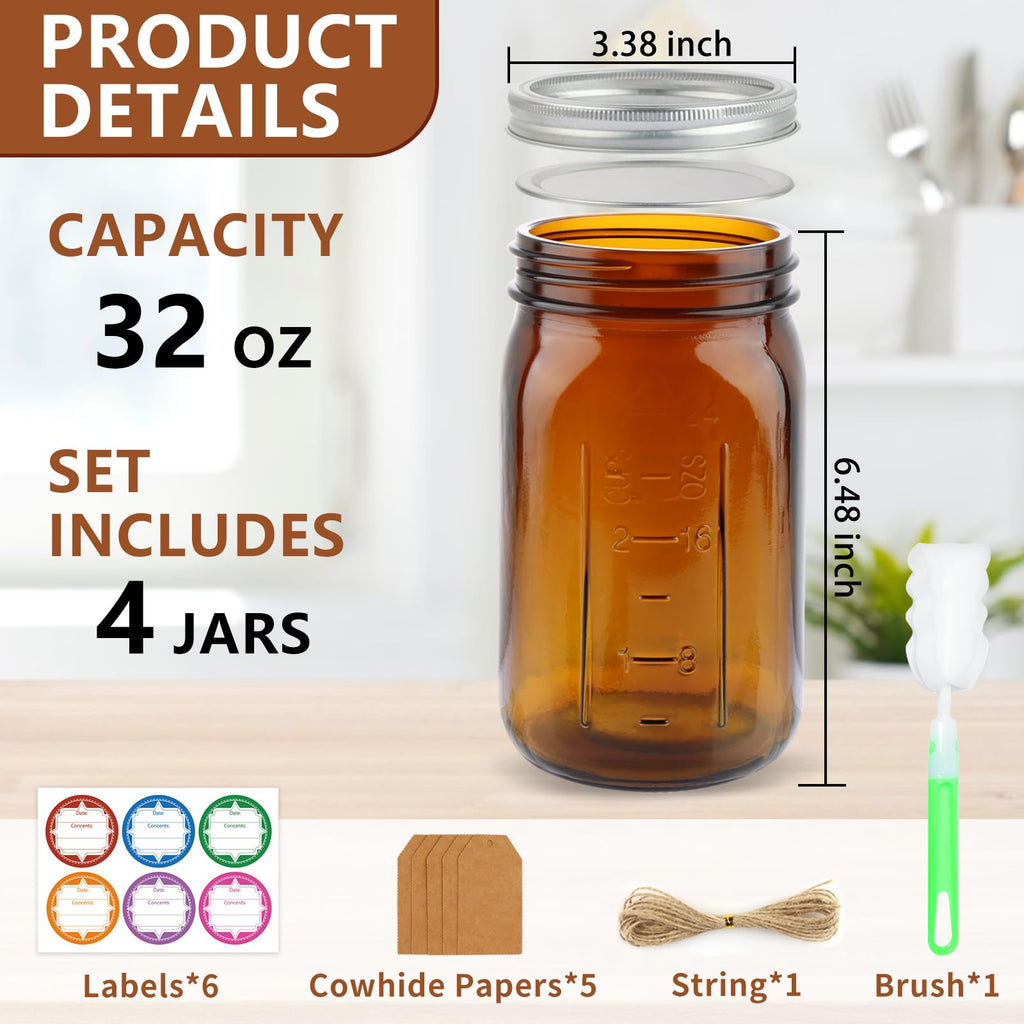 CARBLIN 4 Pack Amber Wide Mouth Canning Jars with Airtight Lids, 32 oz Glass Pint Jars for Jam Fermenting Preserving