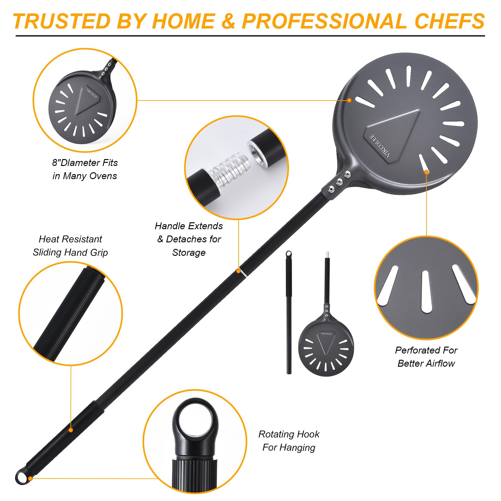 VIKCOLEE Turning Pizza Peel, 8 Inch with 25 Inch Handle Round Pizza Turning Peel, Professional Anodized Aluminum Turning Pizza Spatula, 33 Inch Overall