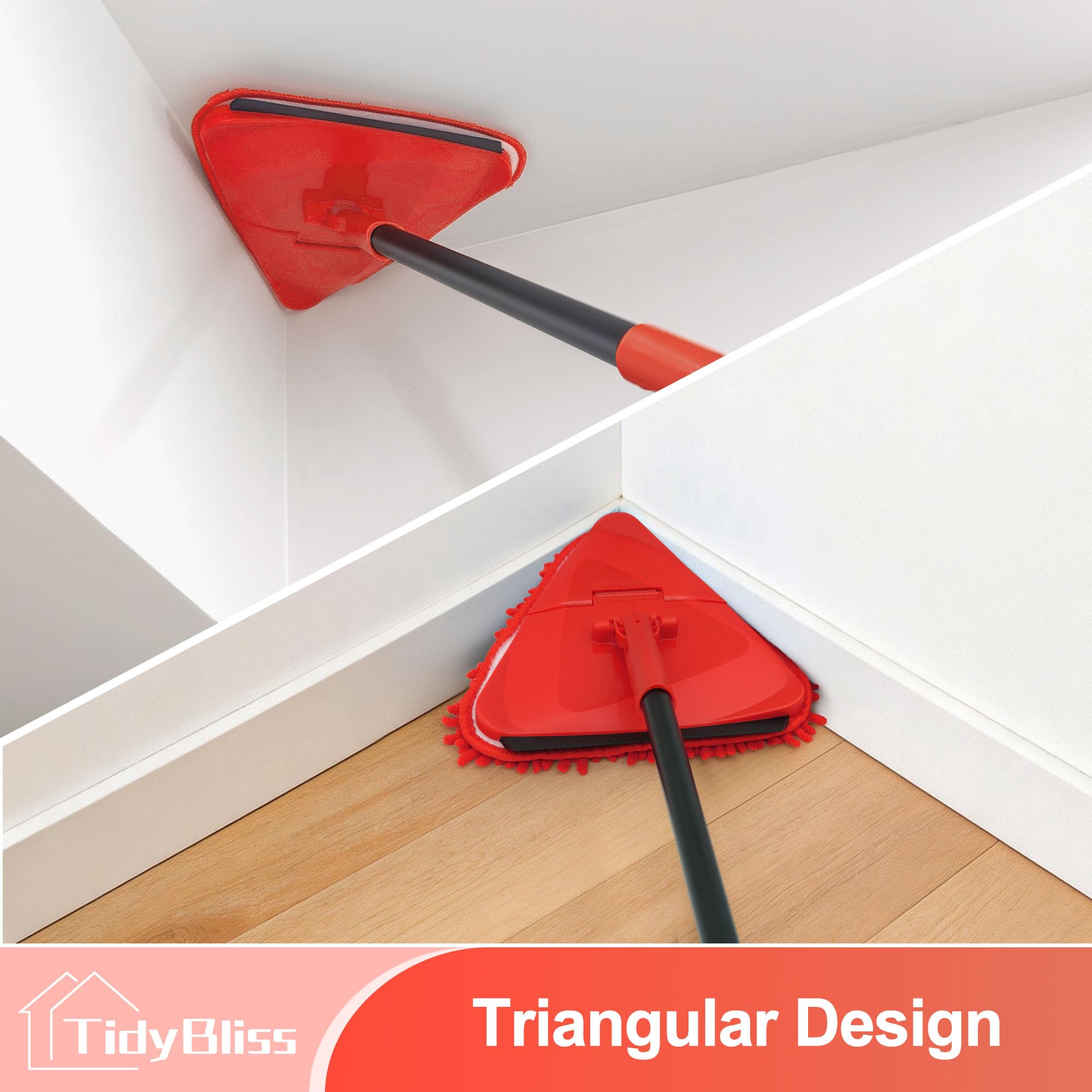 TidyBliss Wall Cleaning Mop with Long Handle 80”, Ceiling Duster Scrubber with 360° Swivel Collapsible Head, Baseboard Cleaner Tool with 3 Chenille and 3 Microfiber Pads for Windows Floor (Red)