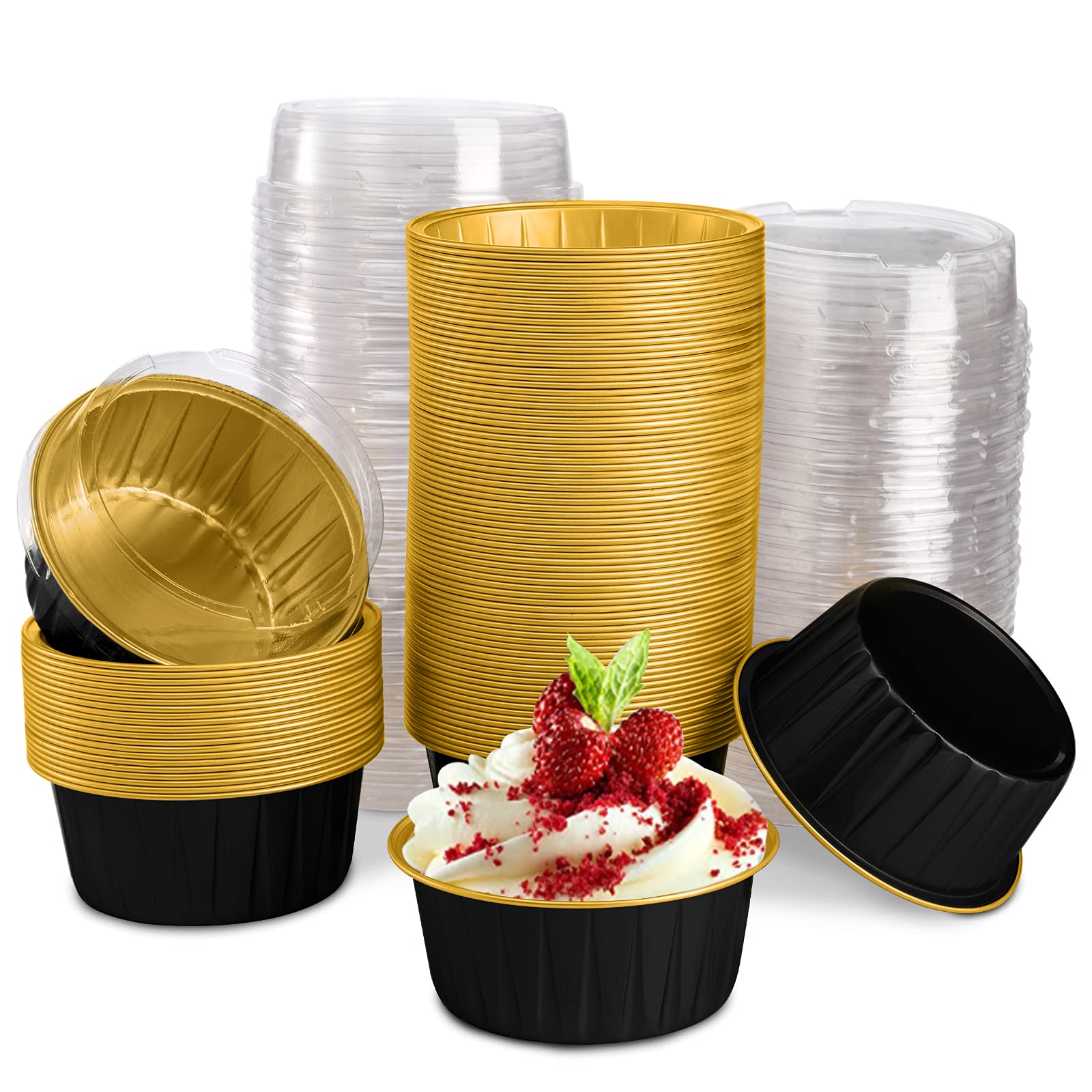 DEAYOU 100 Pieces Aluminum Foil Baking Cups with Lids, 5oz Disposable Ramekins Muffin Cups, 3" Cupcake Foil Liners Tart Pie Tin Pan Holder for Pudding, Souffle, Party, Wedding, Black Gold Color