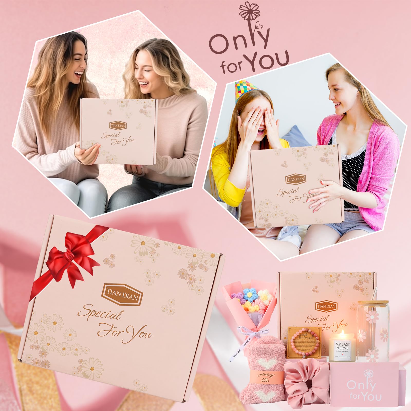 TIAN DIAN Gift Baskets for Women, Gifts for Women, Mom, Wife, Girlfriend, Sister, Her - Happy Birthday, Christmas, Valentine's Day, Mothers Day Gifts (Pink)
