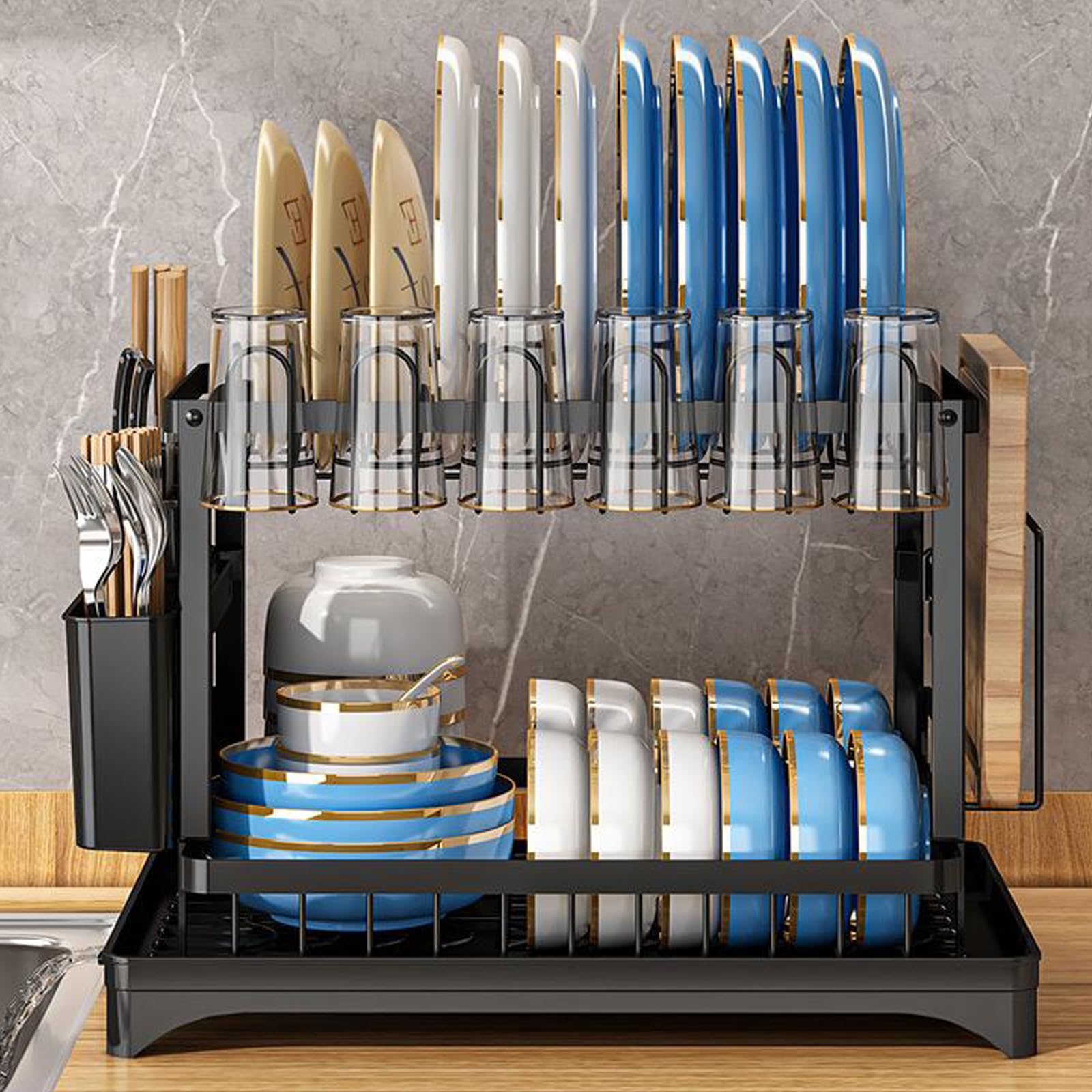 Dish Drying Rack,2 Tier Drying Rack Kitchen with Drainboard,Large Capacity Dish Drainer Organizer Shelf with Utensil Holder, Cup Rack for Kitchen Counter (Black)