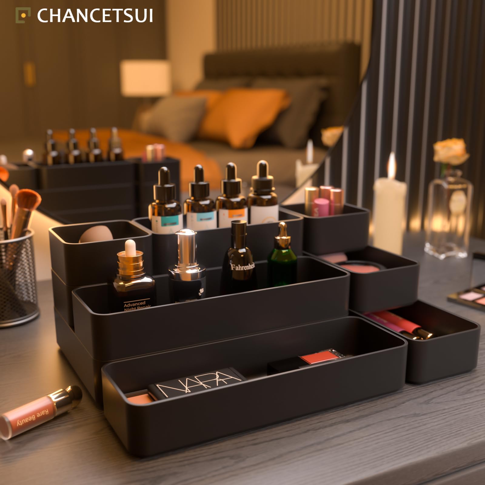 9 Pcs Organizer Trays Set, Multifunctional Stackable Storage Trays for Bedroom, Bathroom, Kitchen Drawer Organizer. Plastic Drawer Storage Boxes Available In 5 Colours, White, Black, Military Blue, Dusty Rose And Forest Green