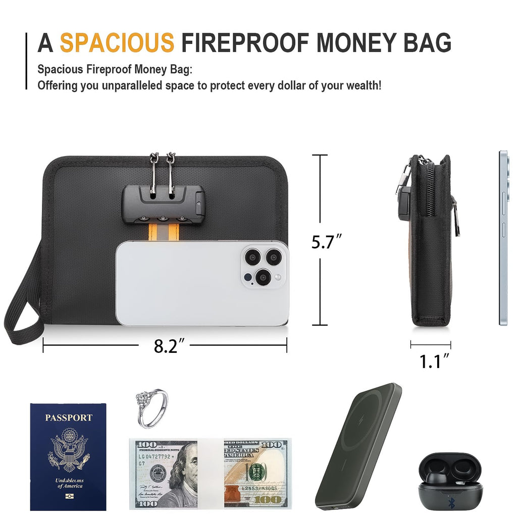 XIAODUN Fireproof Money Bag,Money Bag with Lock and Zipper,Safe Fireproof Waterproof,Suitable for Cash, Mobile Phones, Keys, Credit Cards,（8×1.1×5.7 Inches）