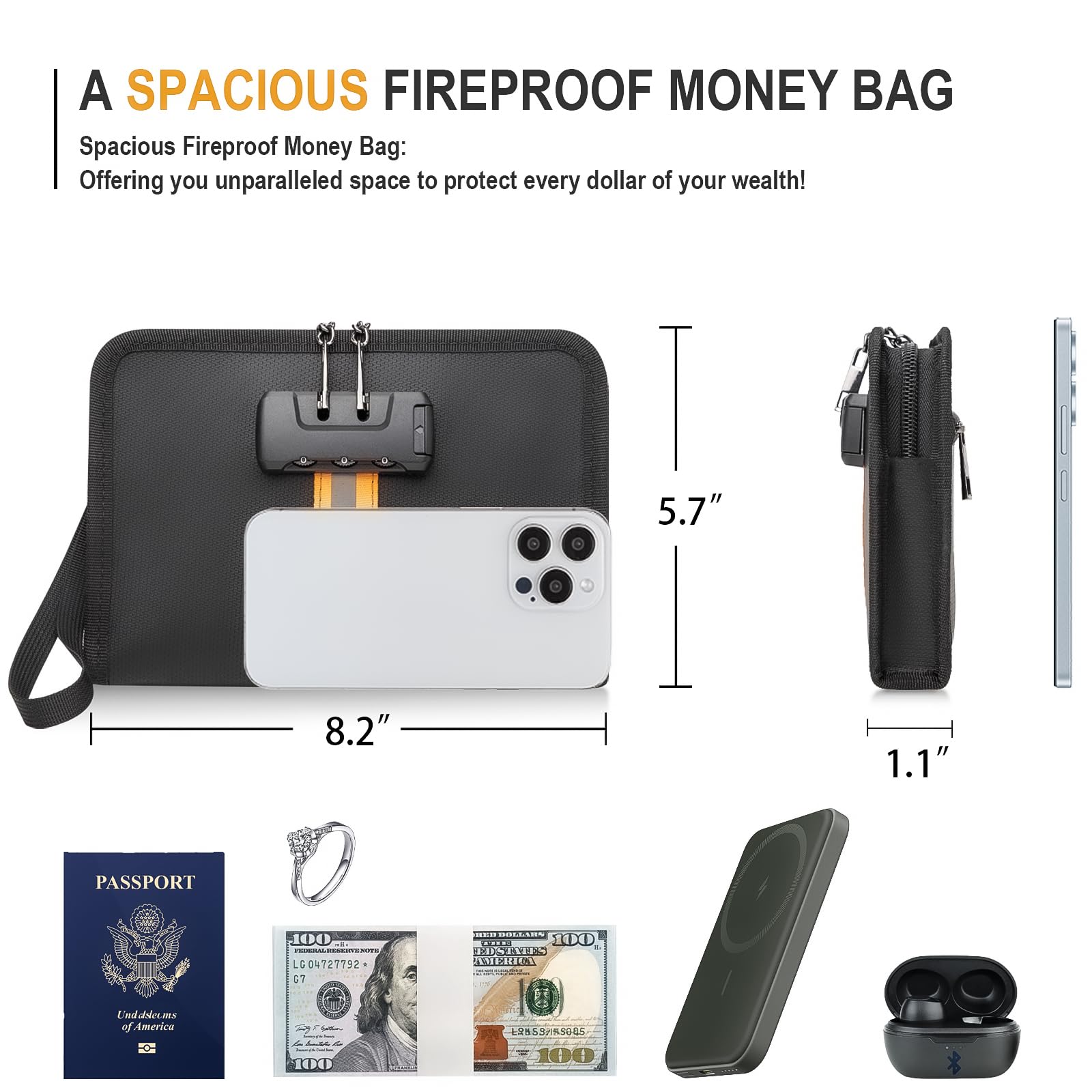 XIAODUN Fireproof Money Bag,Money Bag with Lock and Zipper,Safe Fireproof Waterproof,Suitable for Cash, Mobile Phones, Keys, Credit Cards,（8×1.1×5.7 Inches）