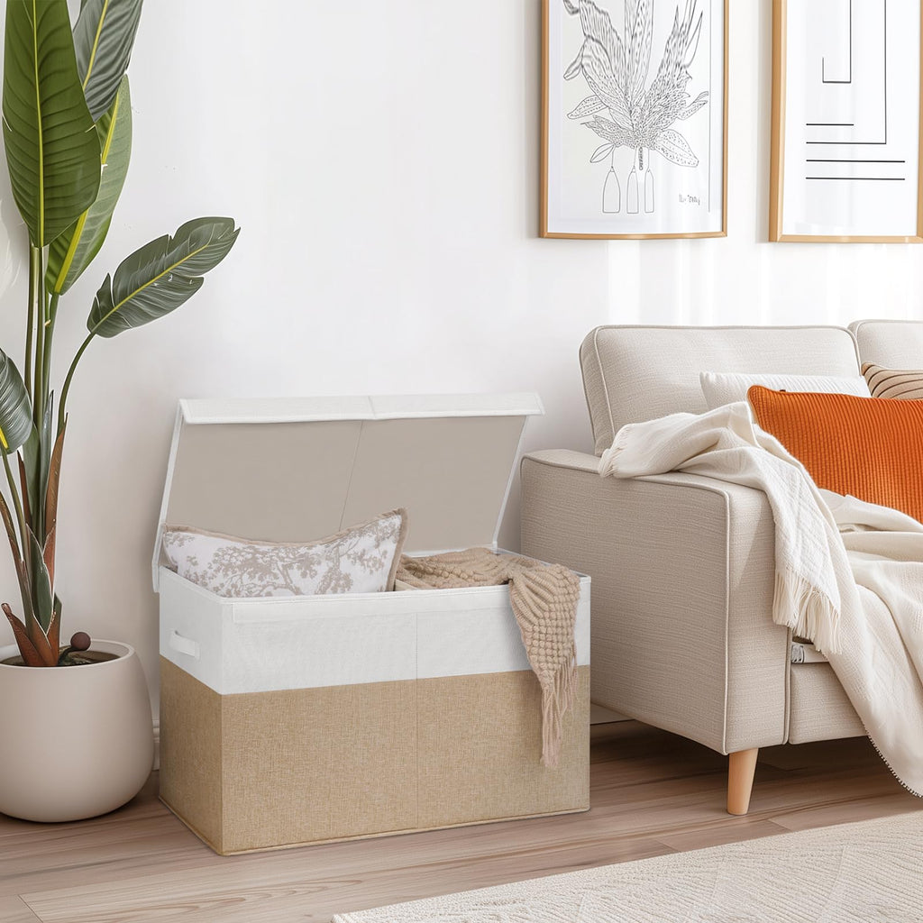 INDRESSME 25"x13"x16" Large Storage Box, Collapsible Bins with Lids, Chest for Living Room, Storage Baskets for Blankets, Books, Clothes (Beige & White)