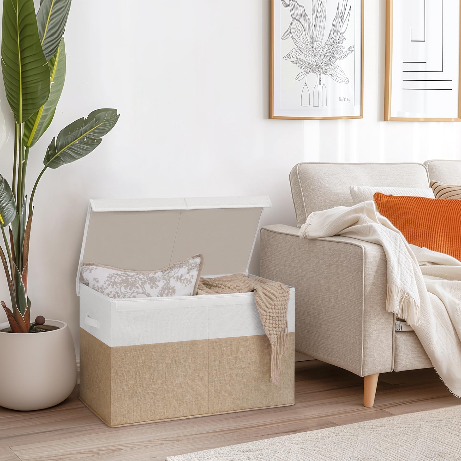 INDRESSME 25"x13"x16" Large Storage Box, Collapsible Bins with Lids, Chest for Living Room, Storage Baskets for Blankets, Books, Clothes (Beige & White)