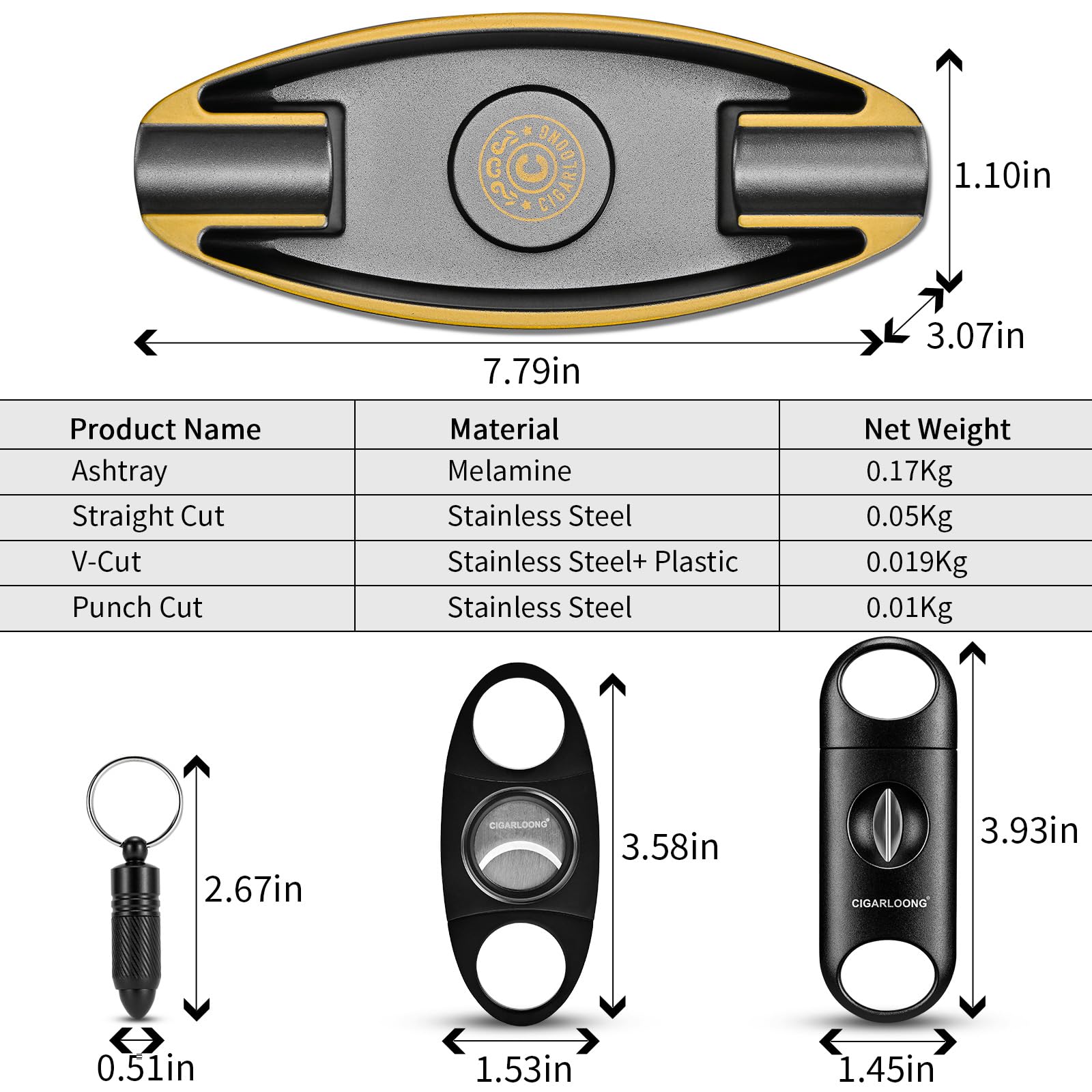 Portable Cigar Ashtray Set With V Cutter, Straight Cutter, Punch - Accessories for Travel, Home, Office, Indoor and Outdoor Use - Gift for Men