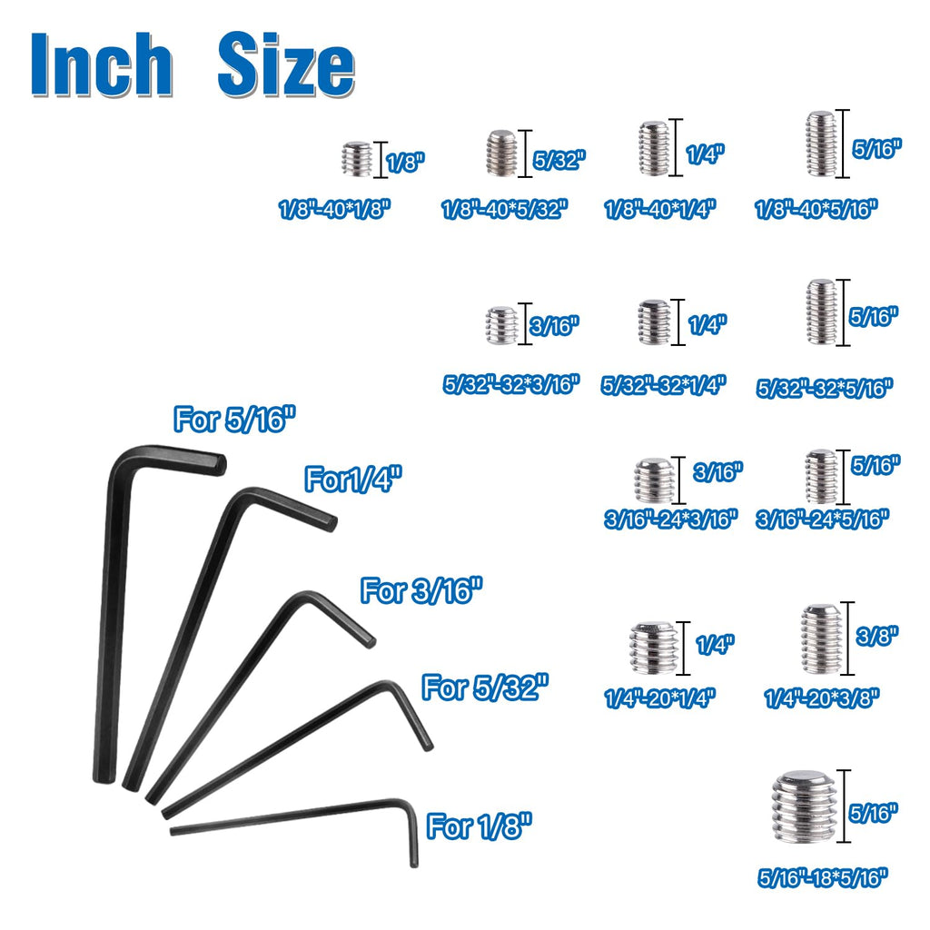 EilxMag 830pcs Metric + Standard SAE Allen Head Socket Hex Grub Screw Set 304 Stainless Steel Internal Hex Drive Cup-Point Screws Assortment Kit (M3-M8, 1/8"-40 to 5/16"-18)