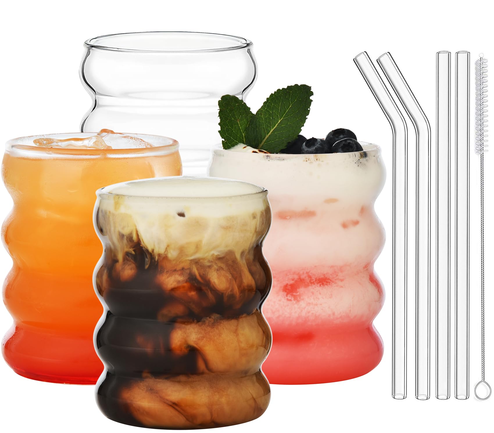 ALINK 16 oz Bubble Drinking Water Glasses Tumblers- Glass Cups Cute Ripple Shaped Vintage Ribbed Glassware- Cocktail,Soda, Juice, Coffee, Milk - Set of 4
