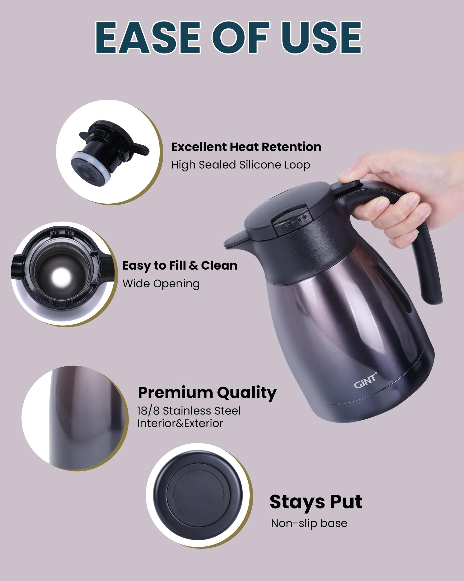 GiNT 1L/34Oz Thermal Coffee Carafe for Keeping Hot - Insulated Stainless Steel Carafe for Hot Liquids, Double Walled Vacuum Beverage Dispenser, 12 Hours Hot (Purple, 1L)