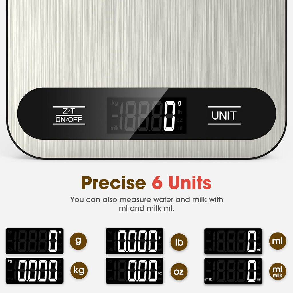 Mik-Nana Food Scale, 22lb Digital Kitchen Scale with 6 Units Tare Function & LCD Display, Stainless Steel Weight Grams and Ounces for Baking, Cooking and Meal Prep (Batteries Included)