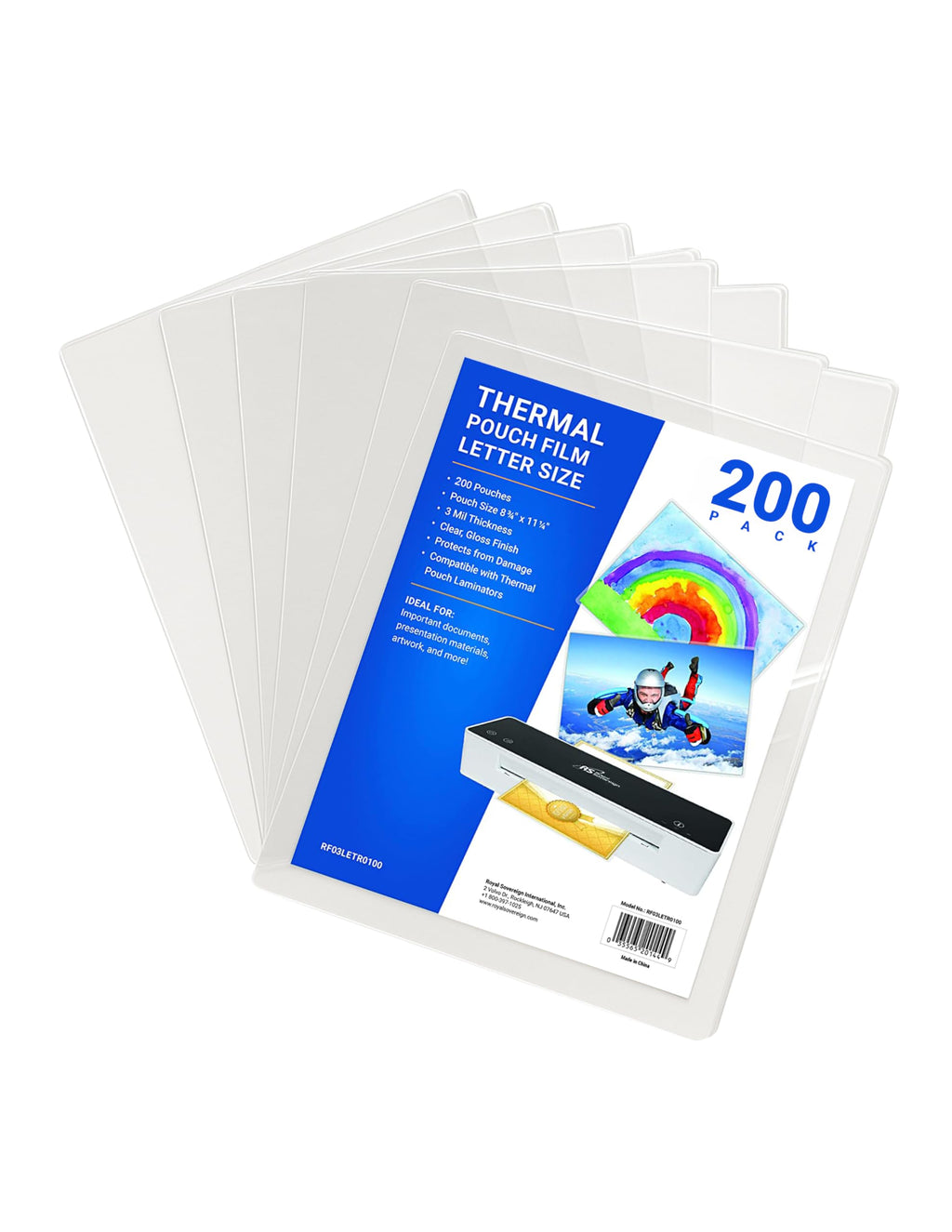 Thermal Laminating Pouches, Letter Size (9” x 11.2”), 3 Mil Thickness, Clear High Gloss Laminator Sheets, 200-Pack, Royal Sovereign(RF03LETR0200)