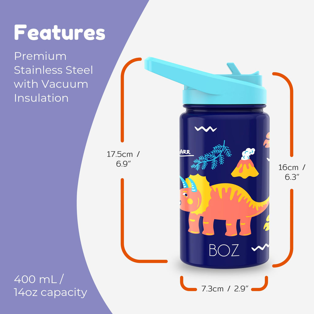 BOZ Kids Insulated Water Bottle with Straw Lid - Two-Pack Shark/Dinosaur Stainless Steel Vacuum Double Wall Toddler Water Bottle, 14 oz (414ml) Scratch-Resistant and Dishwasher-Safe Kids Water Bottle