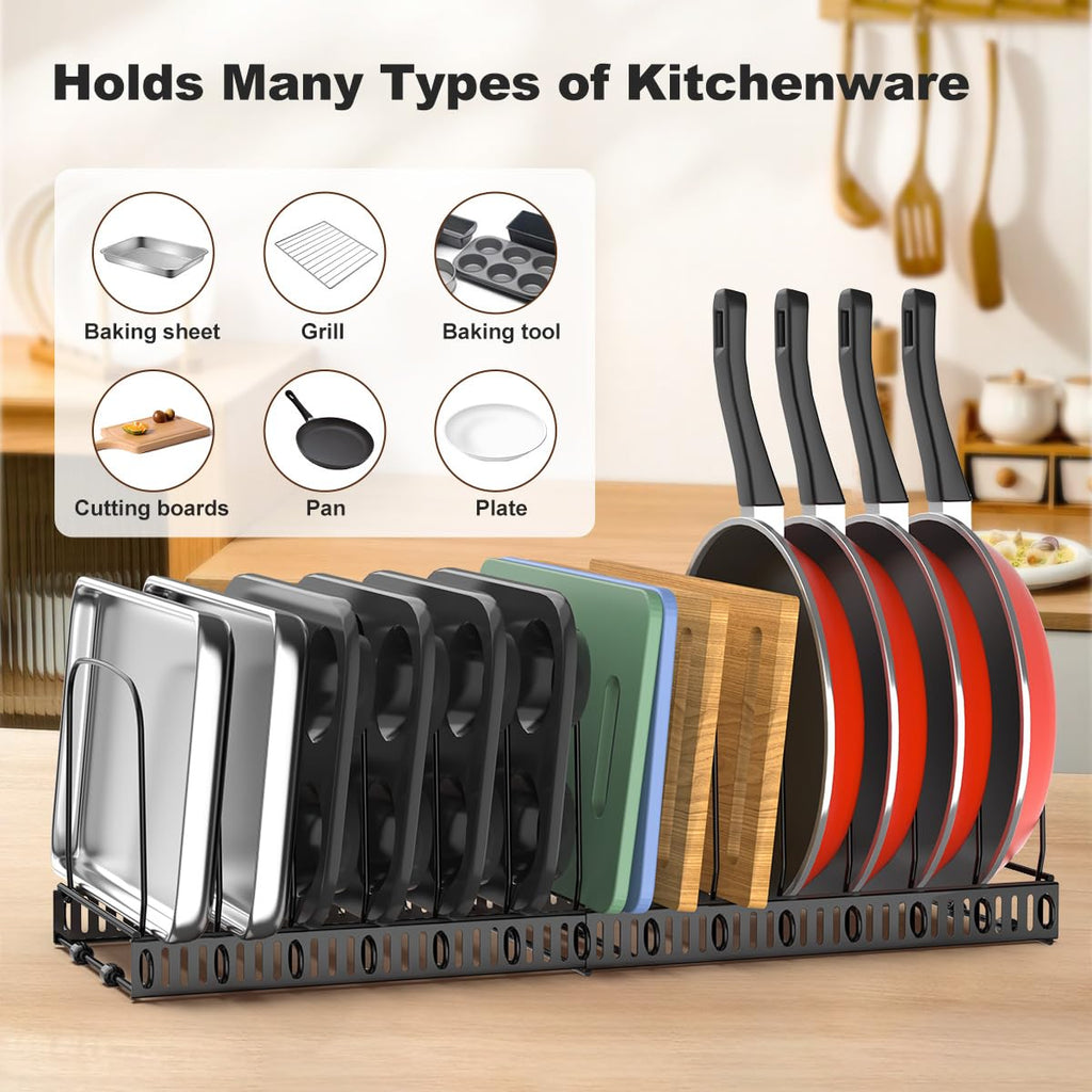 Housolution Cutting Board Organizer Rack, Expandable Baking Tray and Cookie Sheet Organizer with 14 Adjustable Dividers, Bakeware Organizer Pot and Pan Holder for Cabinet, Black