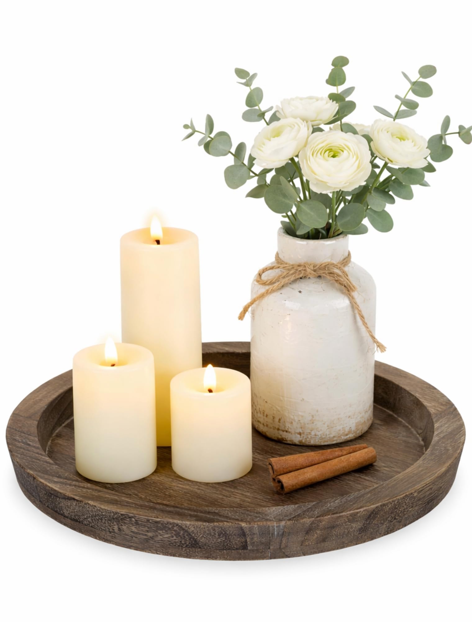 Hanobe Candle Holder Tray Decor: Round Coffee Table Decorative Tray for Home Decor - Farmhouse Wood Plate Circle Display for Living Room Kitchen Centerpiece