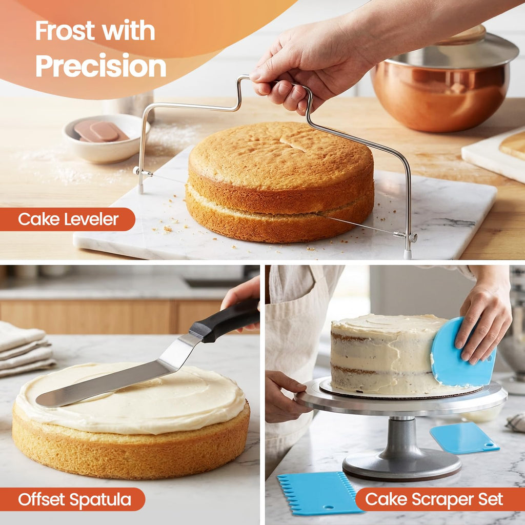 Cake Pans with Baking Supplies | 100 Pcs Springform Pan Set Includes 3 Round Non-Stick Moule a Gateau (4,7,9 inches Baking Pan)-Icing Tips-Leveler–Leak Proof Cheesecake Pan-Baking Set & EBook By RFAQK