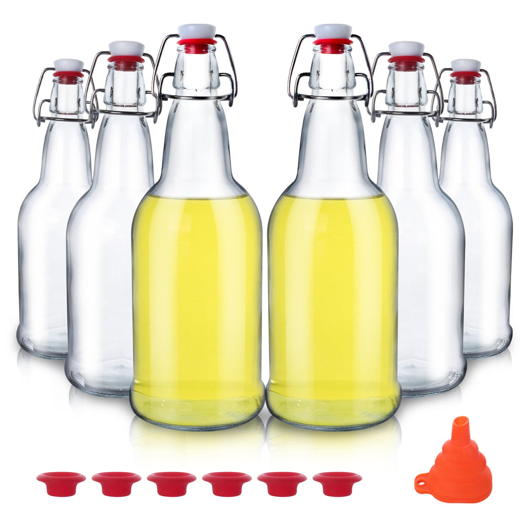 UrSpeedtekLive 6 Pack 16oz Swing Top Glass Bottles, 500ML Glass Brewing Bottles with Airtight Stoppers for Beer, Kombucha, Kefir, Vanilla Extract(Bonus Gaskets and Funnel)