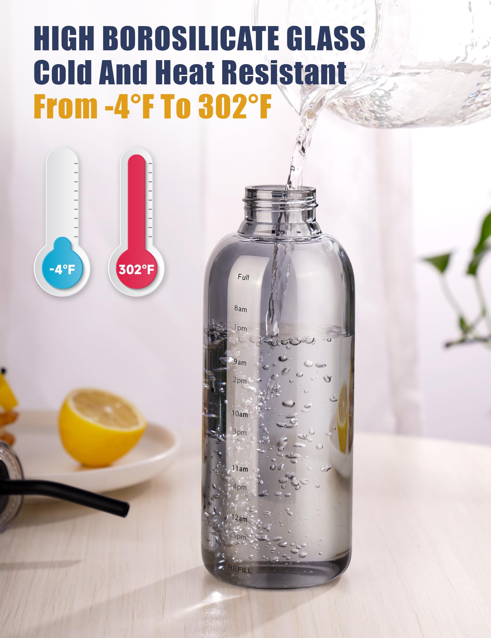 NiHome 750ml Borosilicate Glass Water Bottle with Caps, Stainless Straw, Brush and Silicone Lid, Leak-Proof Travel Bottle