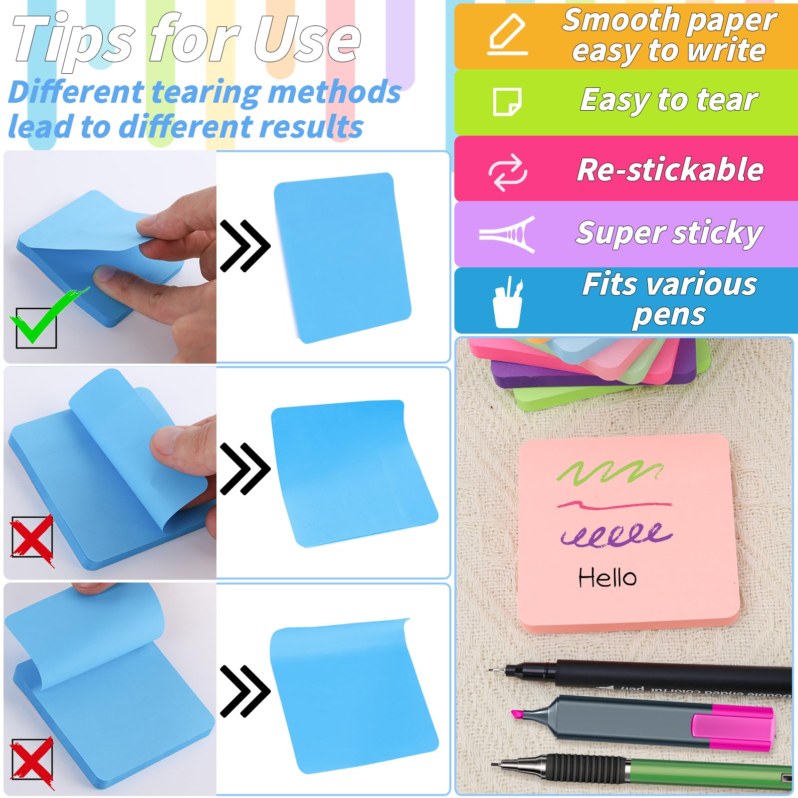 60 Pads Round Corner Sticky Notes 3x3 in Post, 12 Bright Colors Self-Stick Note Pads it, Strong Adhesive Paper Memo Pads, 75 Sheets/Pad, Colored Note Pad Easy to Post for Home, Office, Notebook