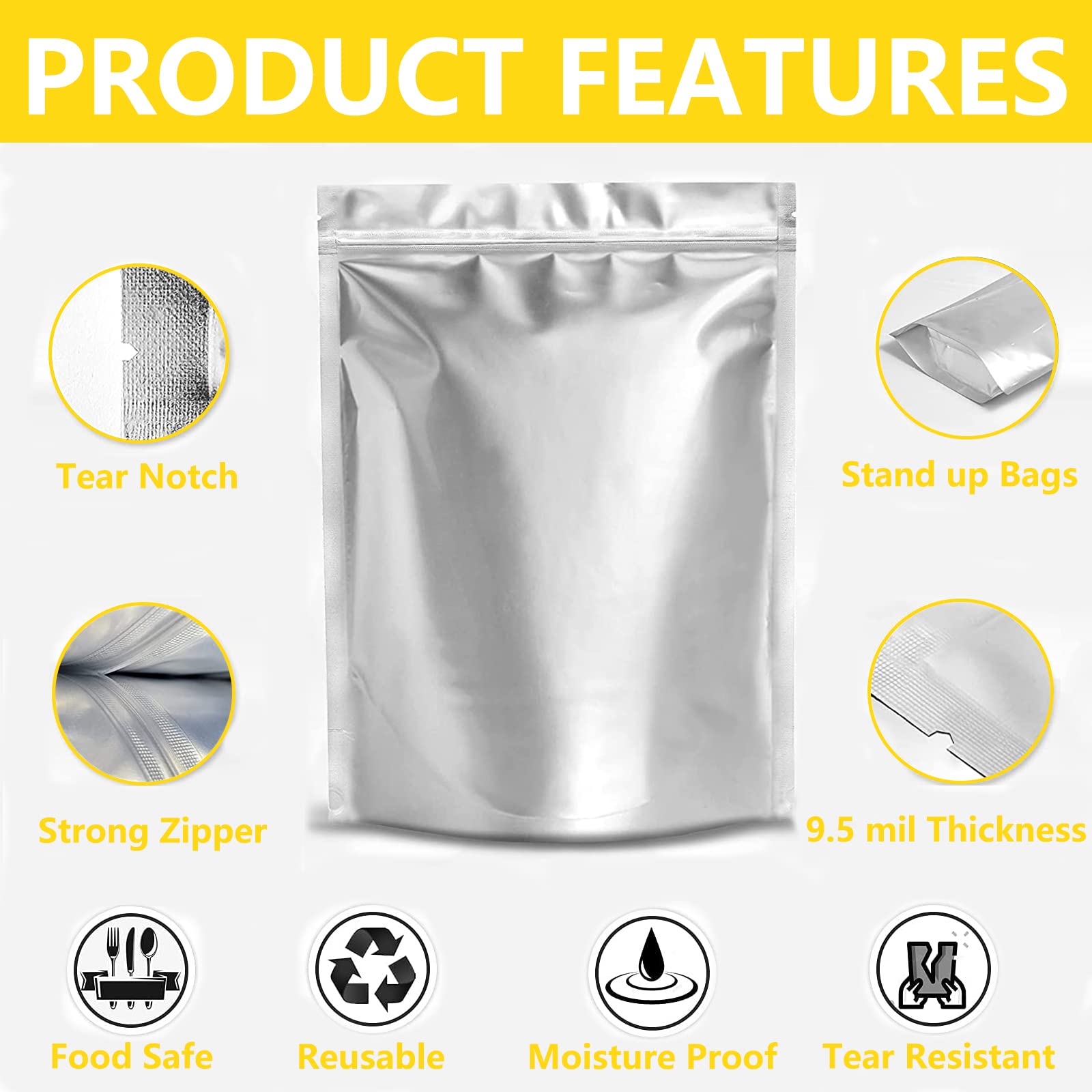 Durimoiy 50 Pack Mylar Bags for Food Storage 1 QUART Thick 9.5 Mil - 7"x10" Resealable Stand-Up Zipper Pouches for Long Term Food Storage - Heat Sealable