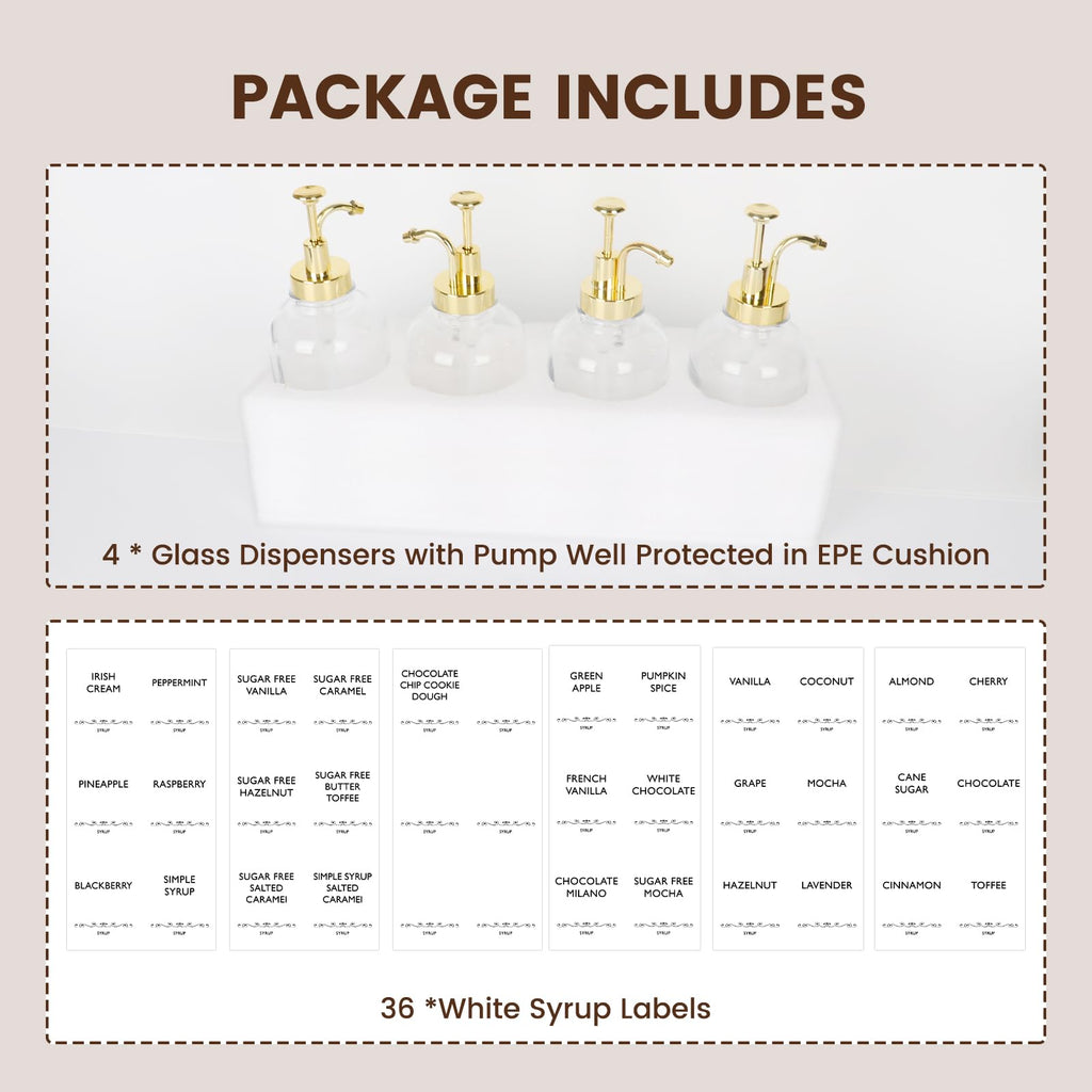 16.9oz Coffee Syrup Dispenser 4Pack- Glass Syrup Dispenser Kit for Coffee Bar Accessories for Home Coffee Bar/Premium Labeled Barista Kit, Gold