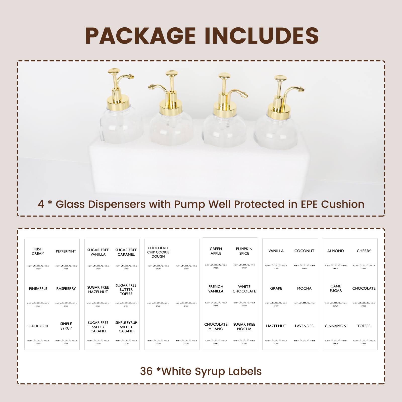 16.9oz Coffee Syrup Dispenser 4Pack- Glass Syrup Dispenser Kit for Coffee Bar Accessories for Home Coffee Bar/Premium Labeled Barista Kit, Gold