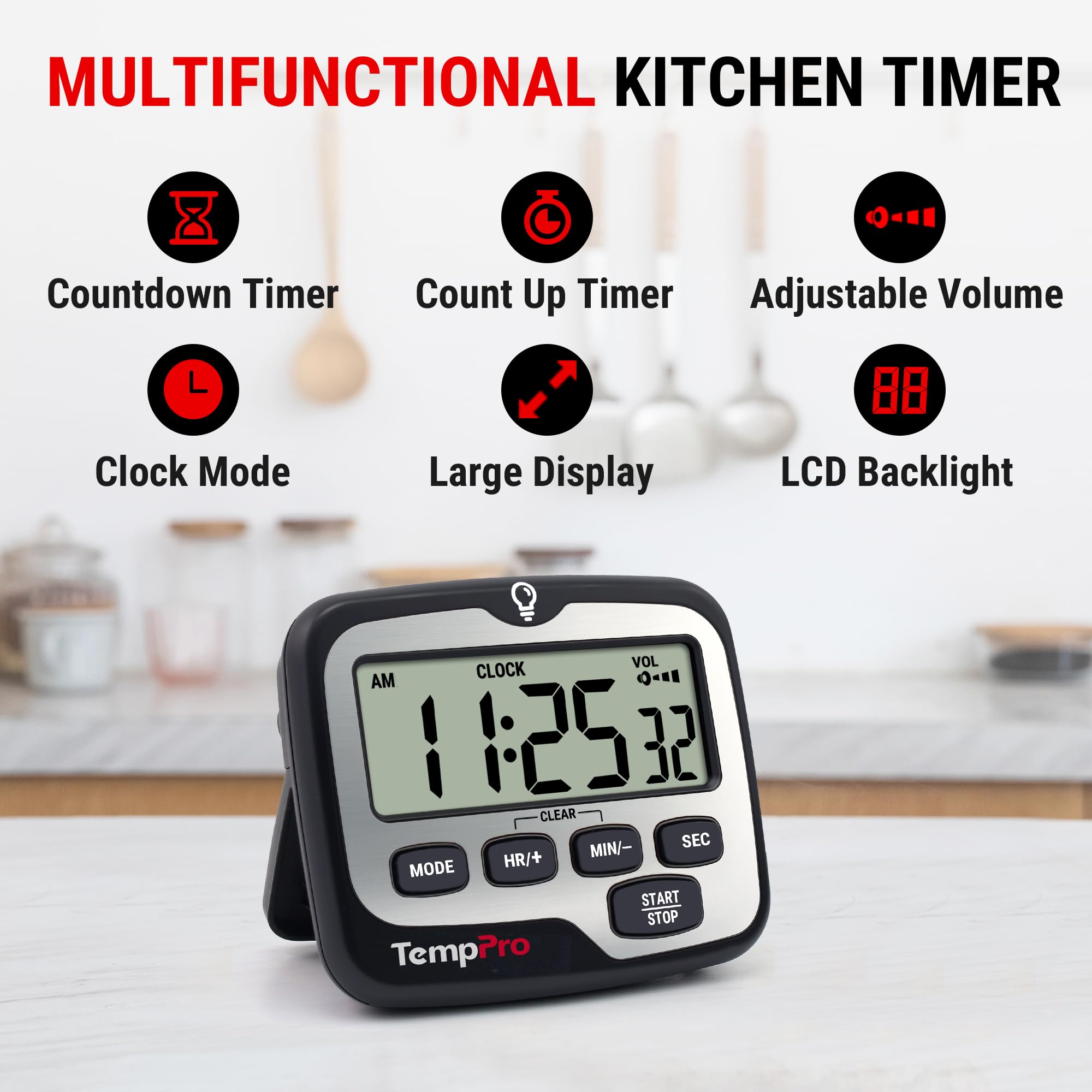 ThermoPro TM01 Digital Kitchen Timer with Touchable Backlit and Count Up Count Down Timer Loud Ring Magnetic Classroom Timer for Kids Teachers