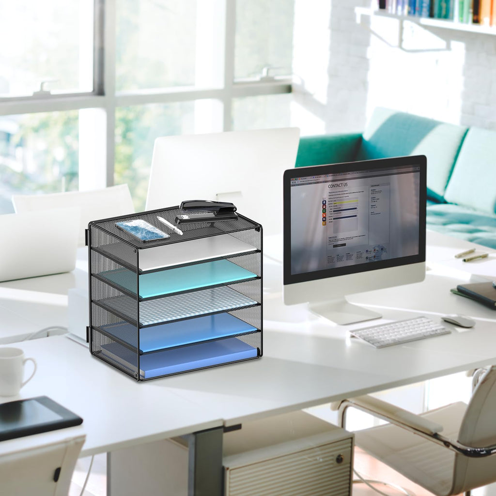 DALTACK Desk Organizer for Desk, 5-Tier Paper Organizer Tray, Letter Tray Storage for Home Office School, Black