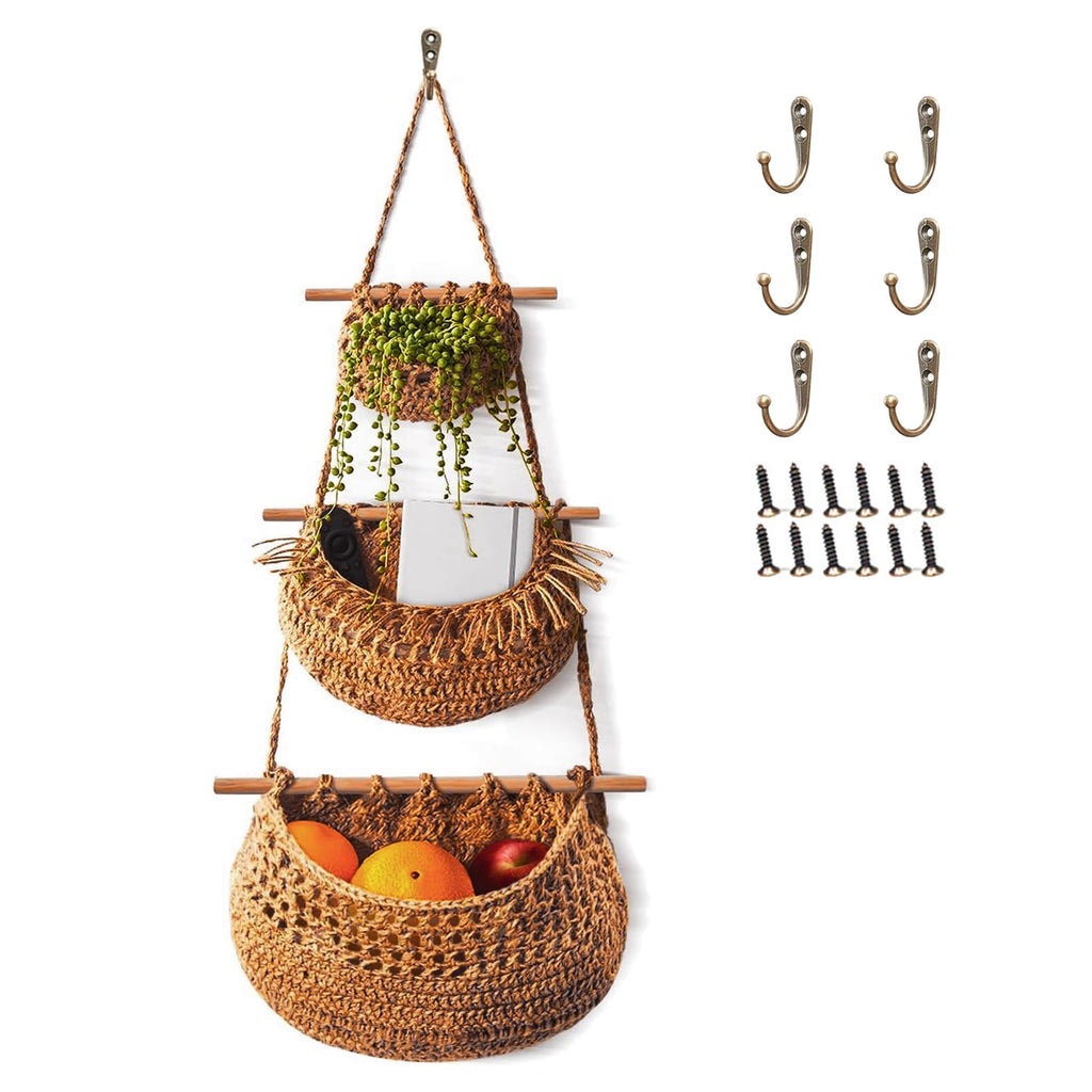 FEISHIONG 3 Tier Cotton Woven Boho Fruit & Veggie Hanging Basket,Wall Mounted Storage Planter for Kitchen,Bedroom & Over the Door Organizer,Eco-Friendly, Durable & Stylish Home Deco