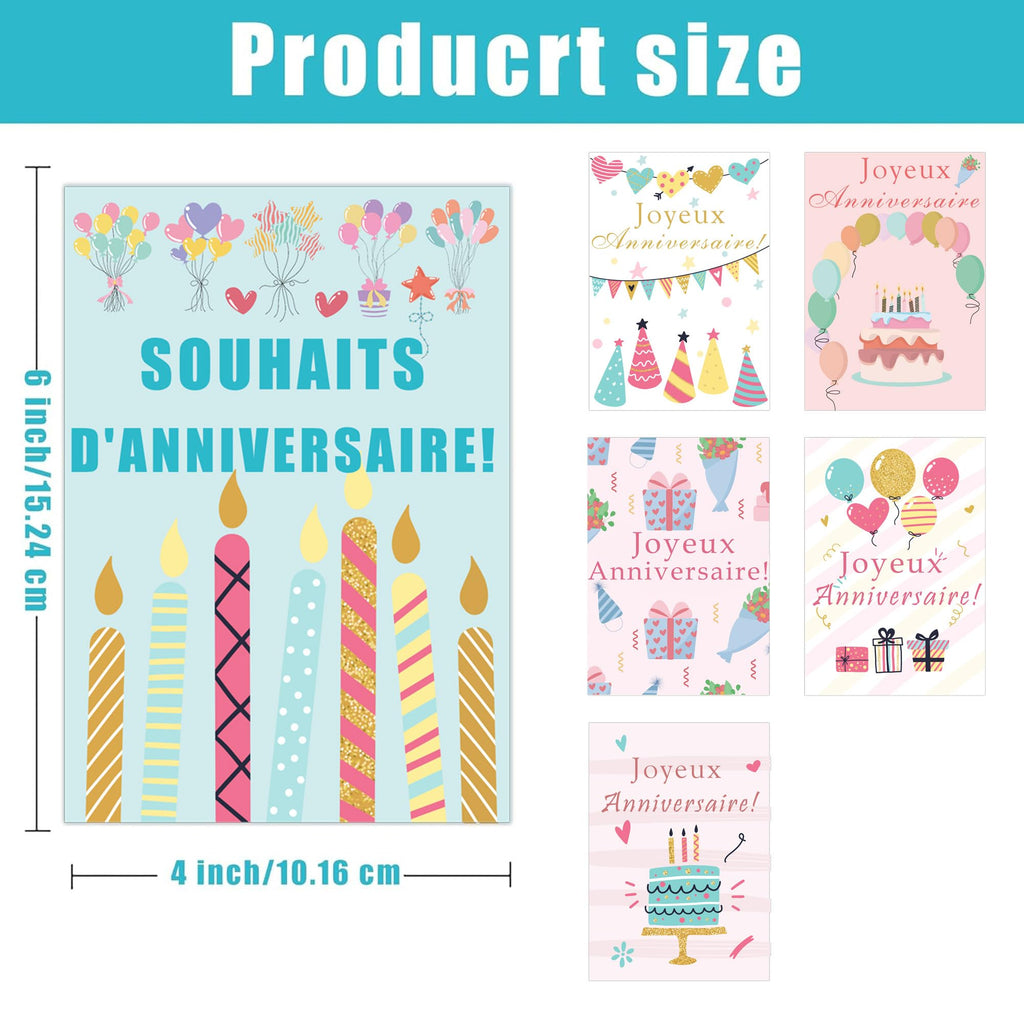 French Birthday Cards with Envelopes 4x6 Inch Watercolor Birthday Thank You Cards 24 Pack Bulk Birthday Card Joyeux anniversaire Greeting Cards for Birthday Party Holiday Baby Shower, Christmas