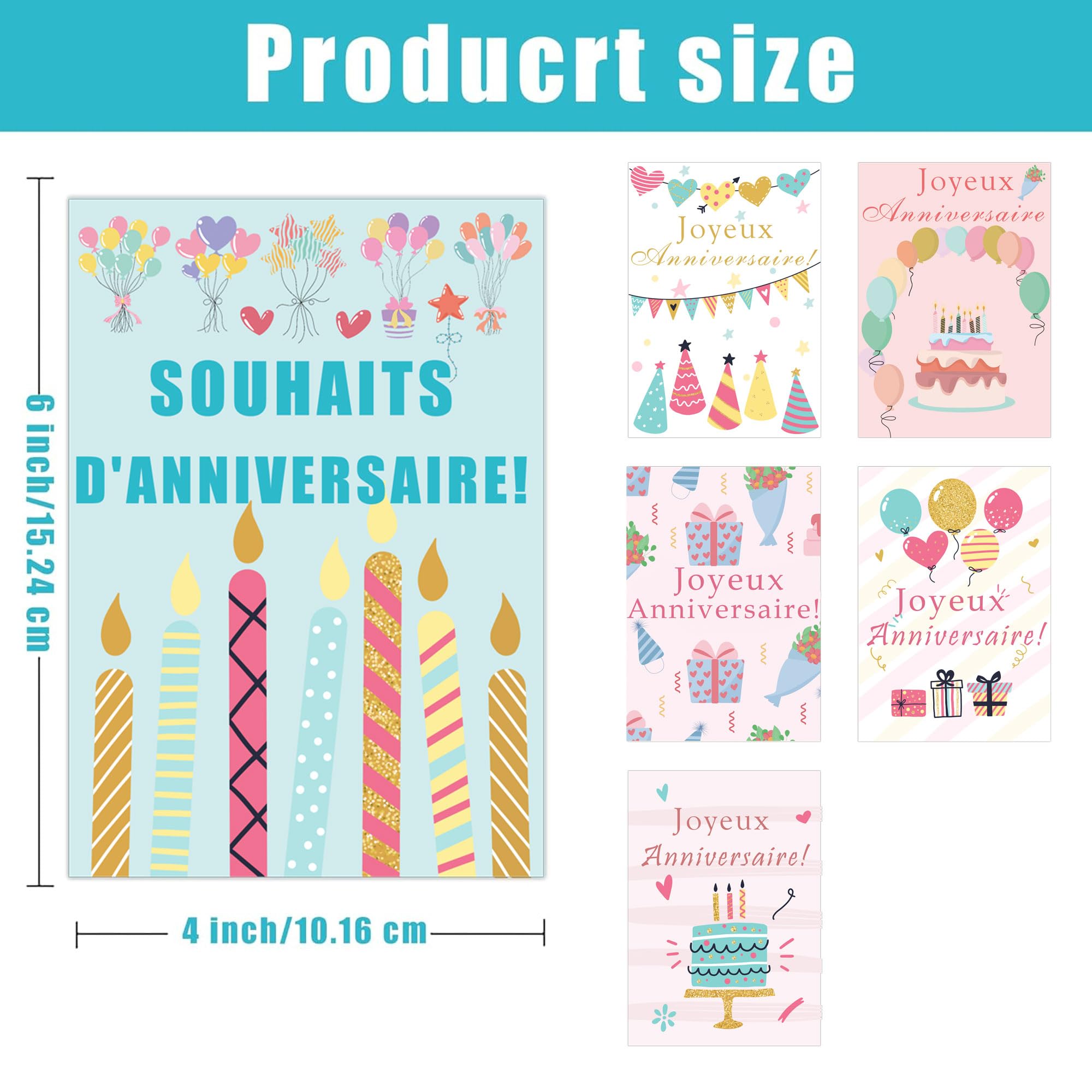 French Birthday Cards with Envelopes 4x6 Inch Watercolor Birthday Thank You Cards 24 Pack Bulk Birthday Card Joyeux anniversaire Greeting Cards for Birthday Party Holiday Baby Shower, Christmas