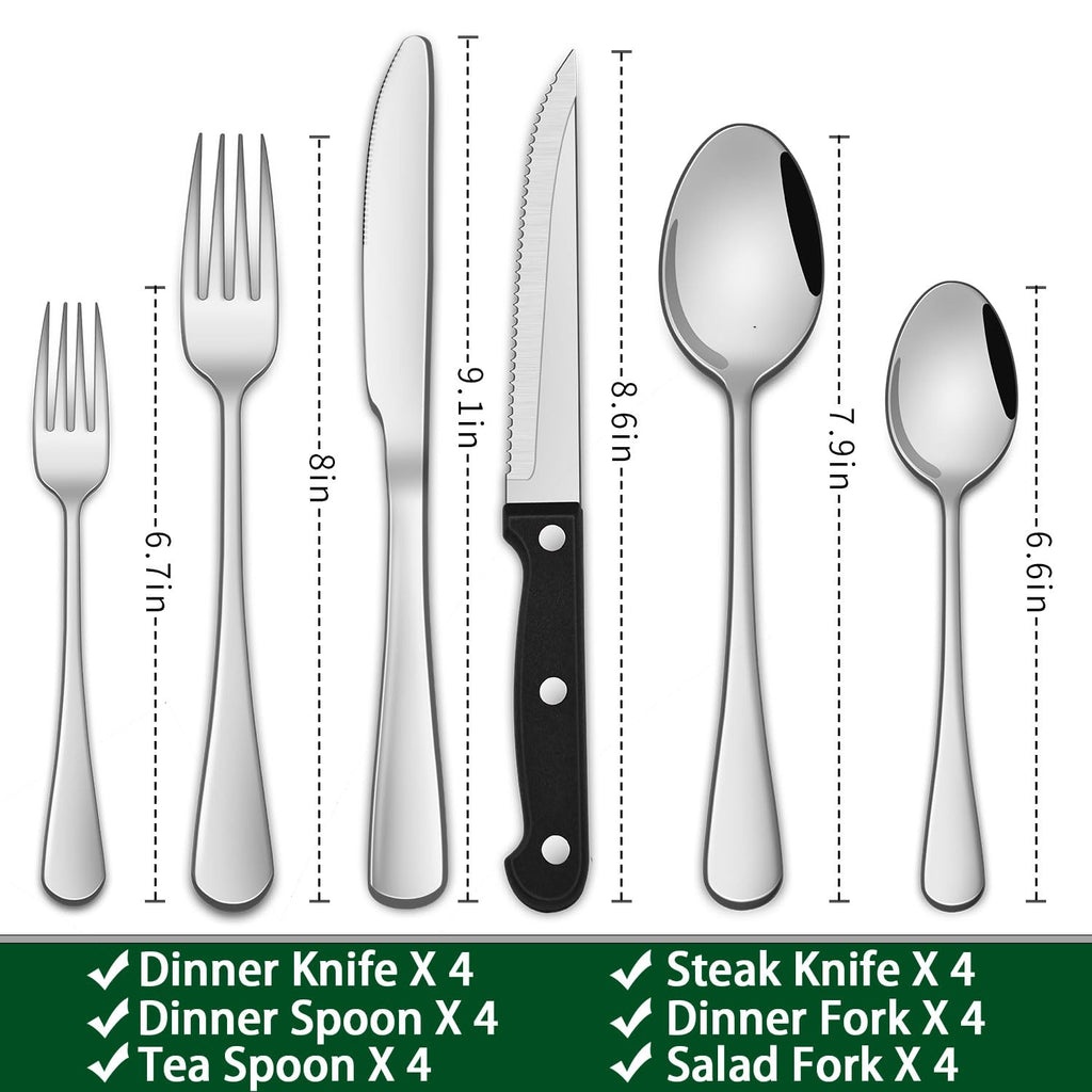 24-Piece Silverware Set with Steak Knives, Flatware Set Service for 4, Food-Grade Stainless Steel Cutlery Set, Includes Knife Spoon and Fork, Mirror Finished Utensil Sets for Home Restaurant