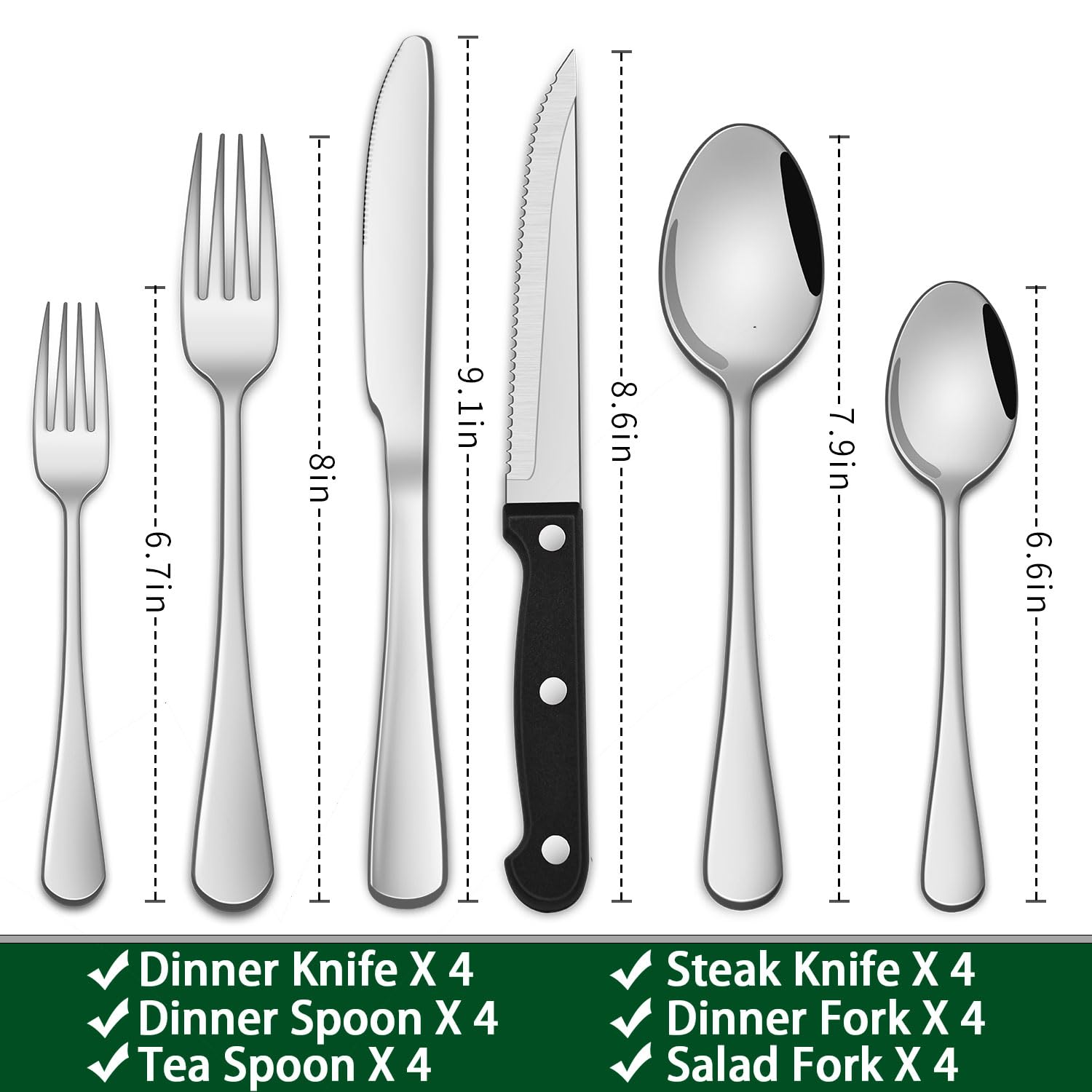 24-Piece Silverware Set with Steak Knives, Flatware Set Service for 4, Food-Grade Stainless Steel Cutlery Set, Includes Knife Spoon and Fork, Mirror Finished Utensil Sets for Home Restaurant
