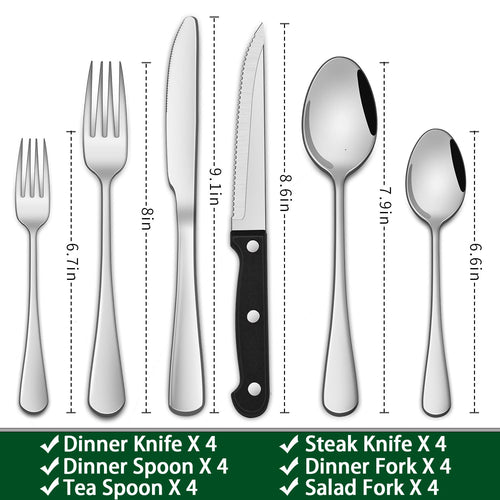 24-Piece Silverware Set with Steak Knives, Flatware Set Service for 4, Food-Grade Stainless Steel Cutlery Set, Includes Knife Spoon and Fork, Mirror Finished Utensil Sets for Home Restaurant