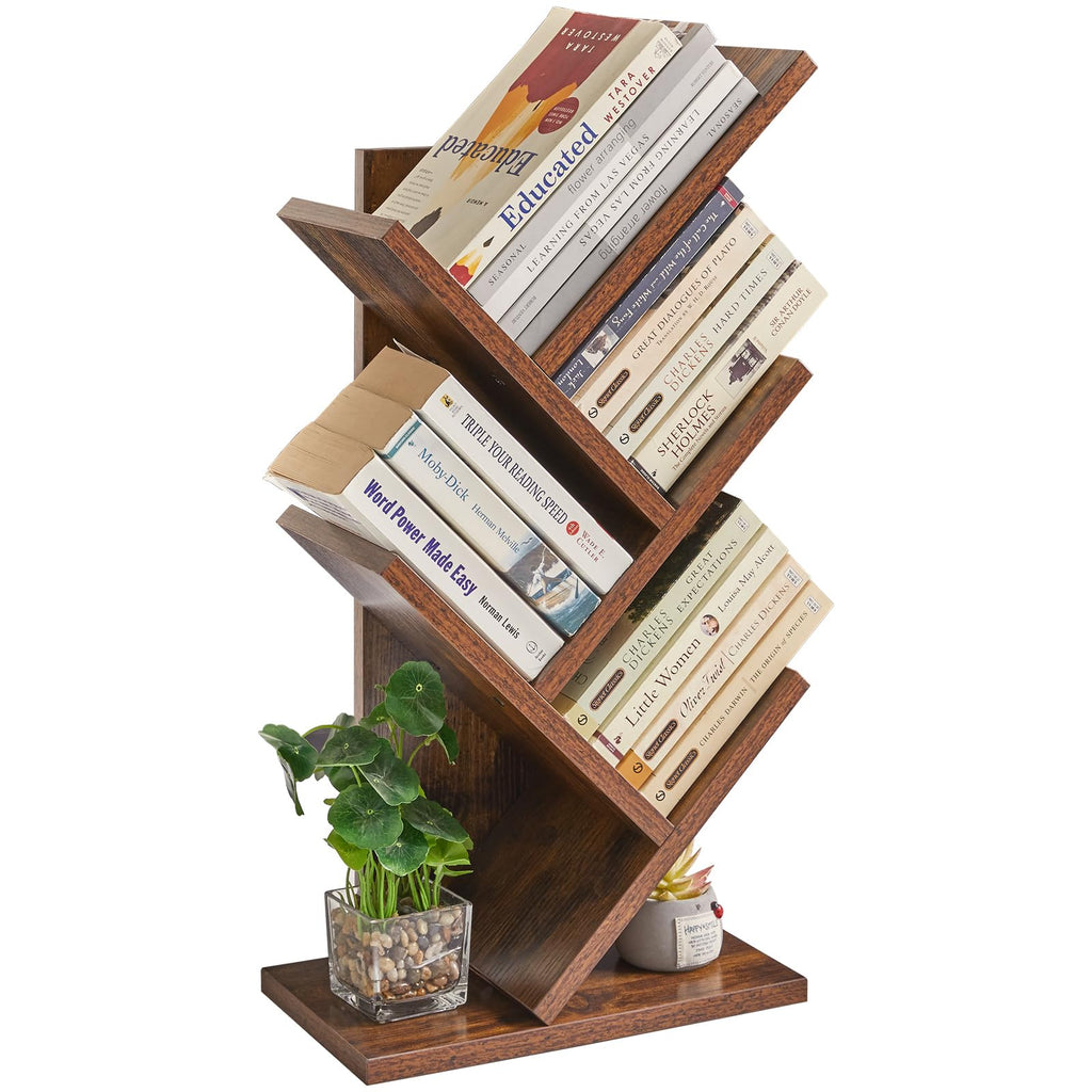 YMYNY 4-Tier Tree Bookshelf, Small Bookcase, Modern Wood Book Storage Rack, Freestanding Book Shelf for Books/Movies/CDs, Narrow Display Rack for Living Room, Home Office, Rustic Brown HBC014H