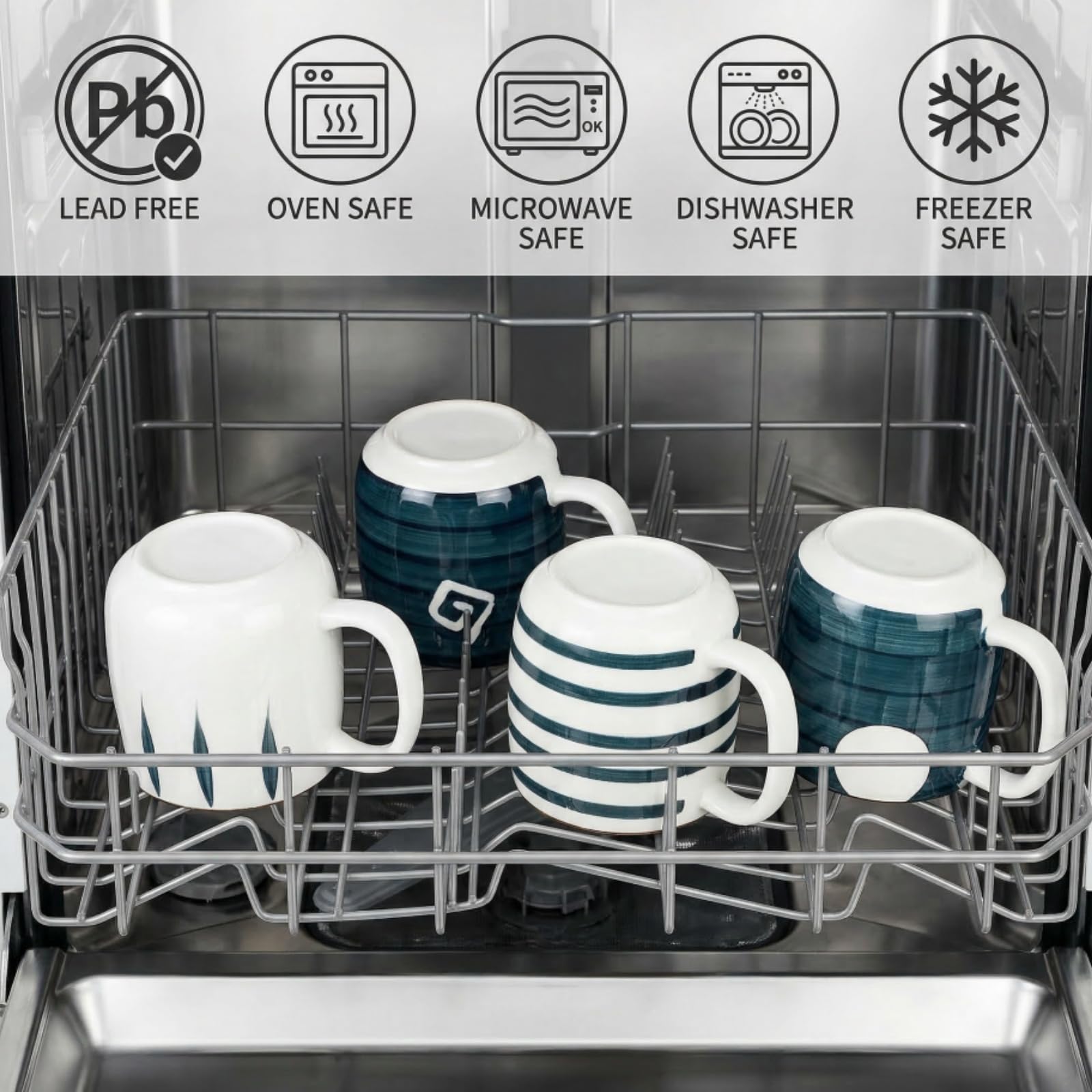DEAYOU Set of 4 Porcelain Coffee Mugs, 500 ml/17 Oz Ceramic Coffee Cups with Handles, Large Hand-Painted Tea Cups for Cappucino, Milk, Latte, Cocoa, Hot or Cold Drinks, Microwave & Dishwasher Safe