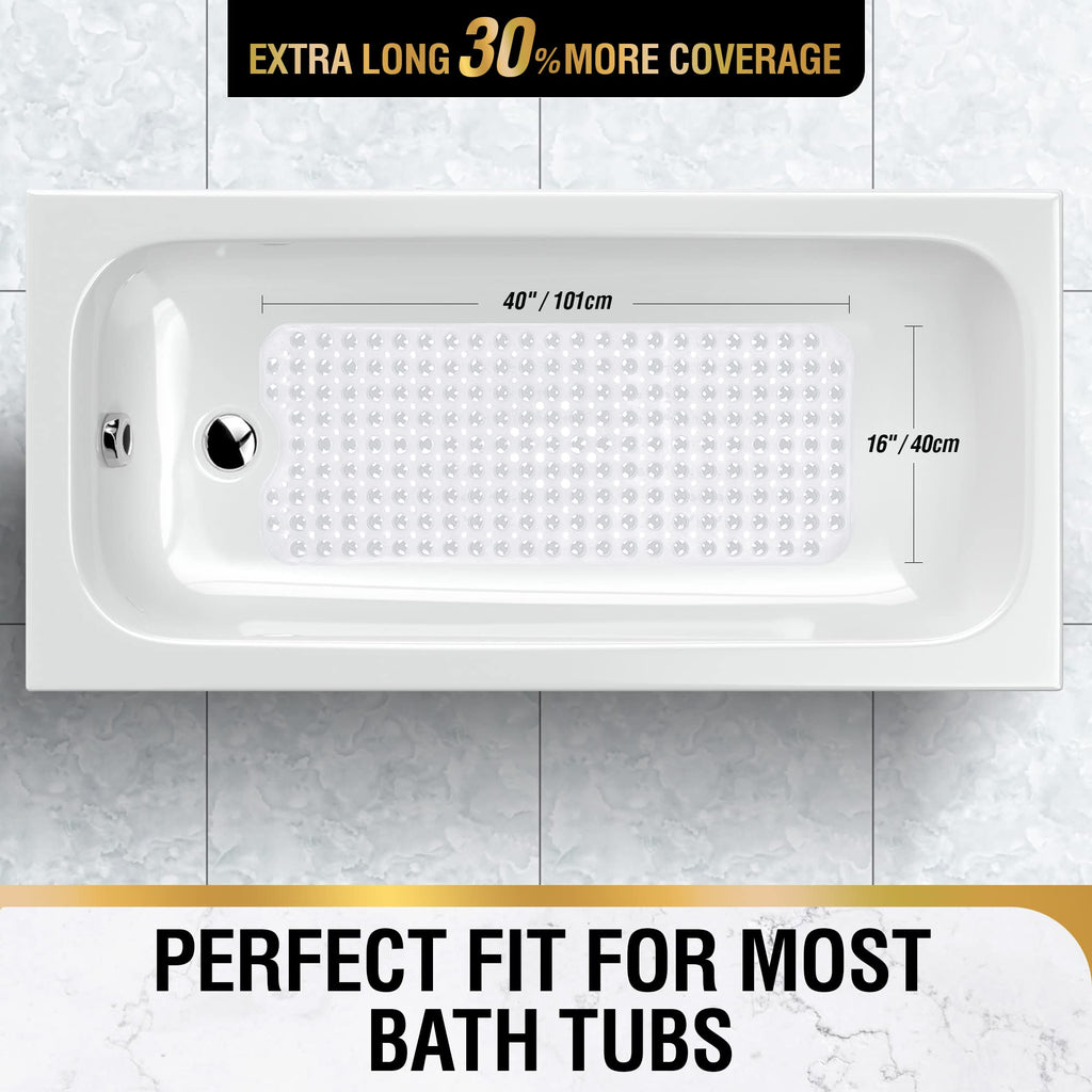 HITSLAM Bath Mat for Tub, Non Slip Bathtub Mat, 101x40cm Extra Long Bath Tub Mat, Machine Washable Bathroom Shower Mat with Suction Cups and Drain Holes, Soft on Feet, Clear
