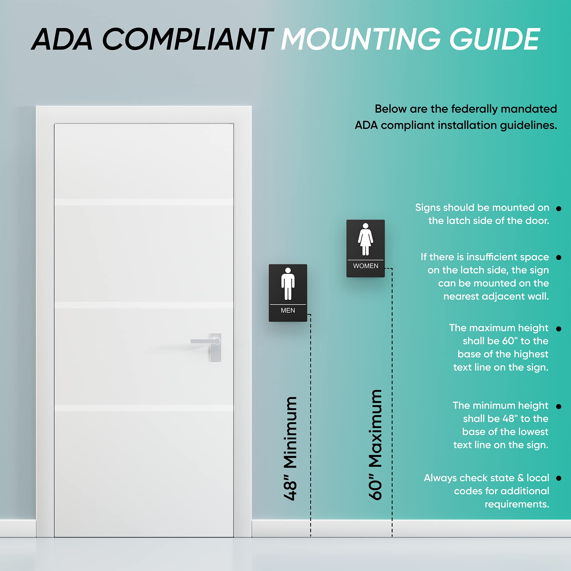 Washroom Sign, Bathroom Signs For Business - Ideal Restroom Sign For Men and Women - 9" by 6" - ADA Compliant with Braille - Strong Double-Sided Adhesives - Apply to Office, Home or Public Door/Wall