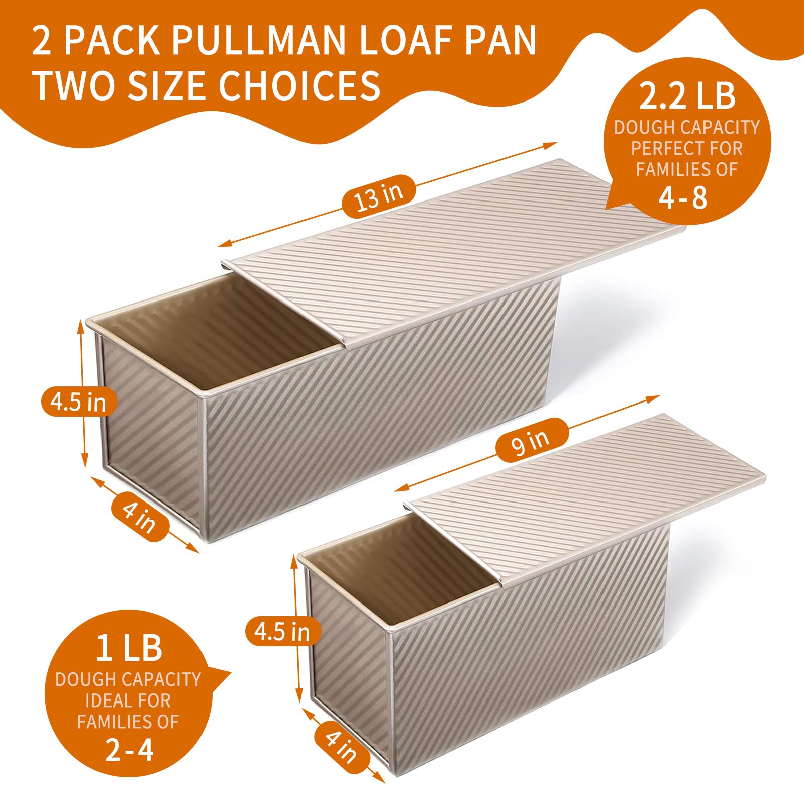 PADELE 2 Pack Pullman Loaf Pan with Lid, 13x4 & 9x4 inch (2.2 lb & 1 lb Dough Capacity), Non-Stick Sandwich Bread Loaf Pan for Homemade Baking Bread, Gold