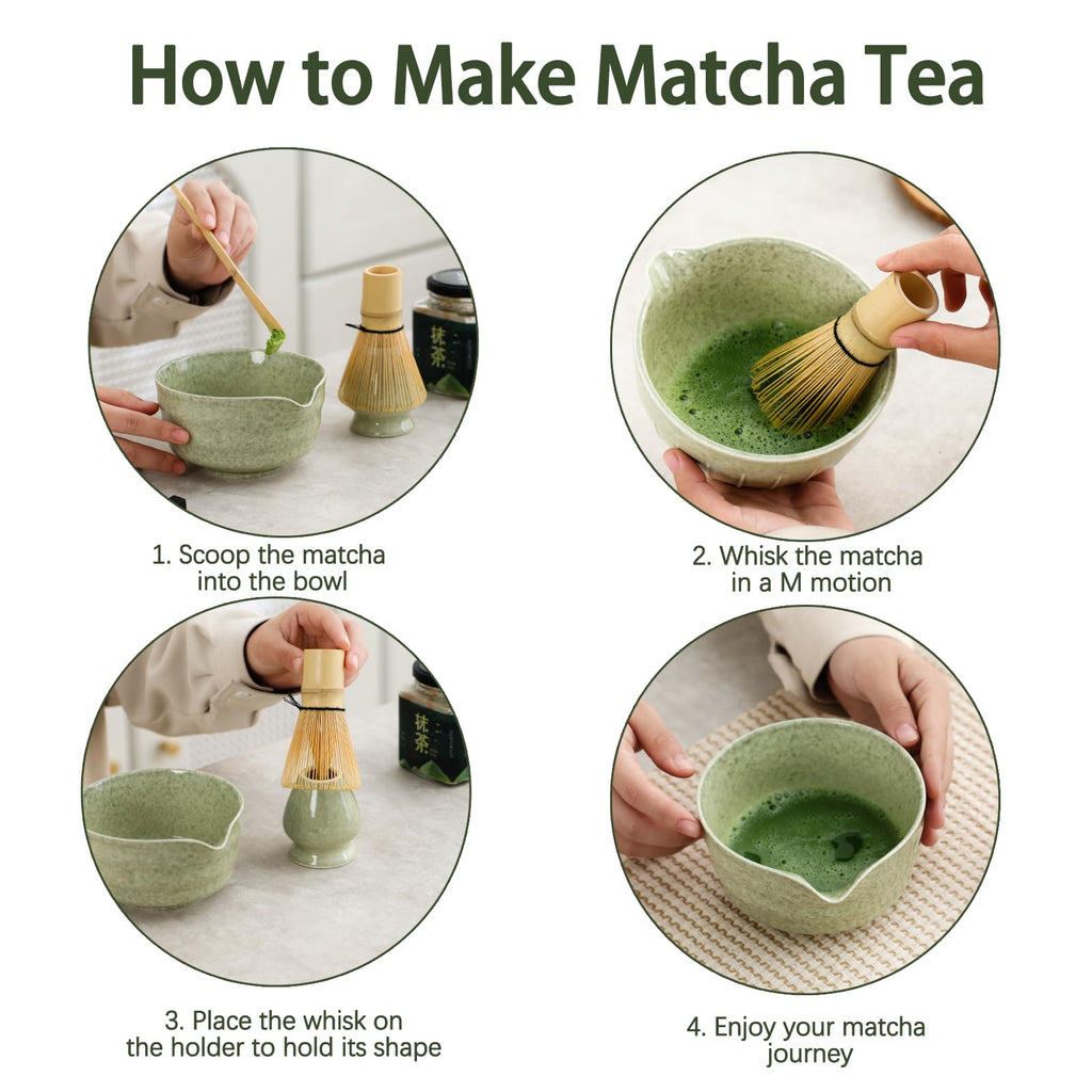 Matcha Set, Japanese Tea Set Includes Matcha Bowl with Spout, Matcha Whisk Holder, Bamboo Matcha Whisk and Bamboo Scoop, 17 oz Mottled Tea Green Glaze Ceramic Matcha Kit for Tea Lovers