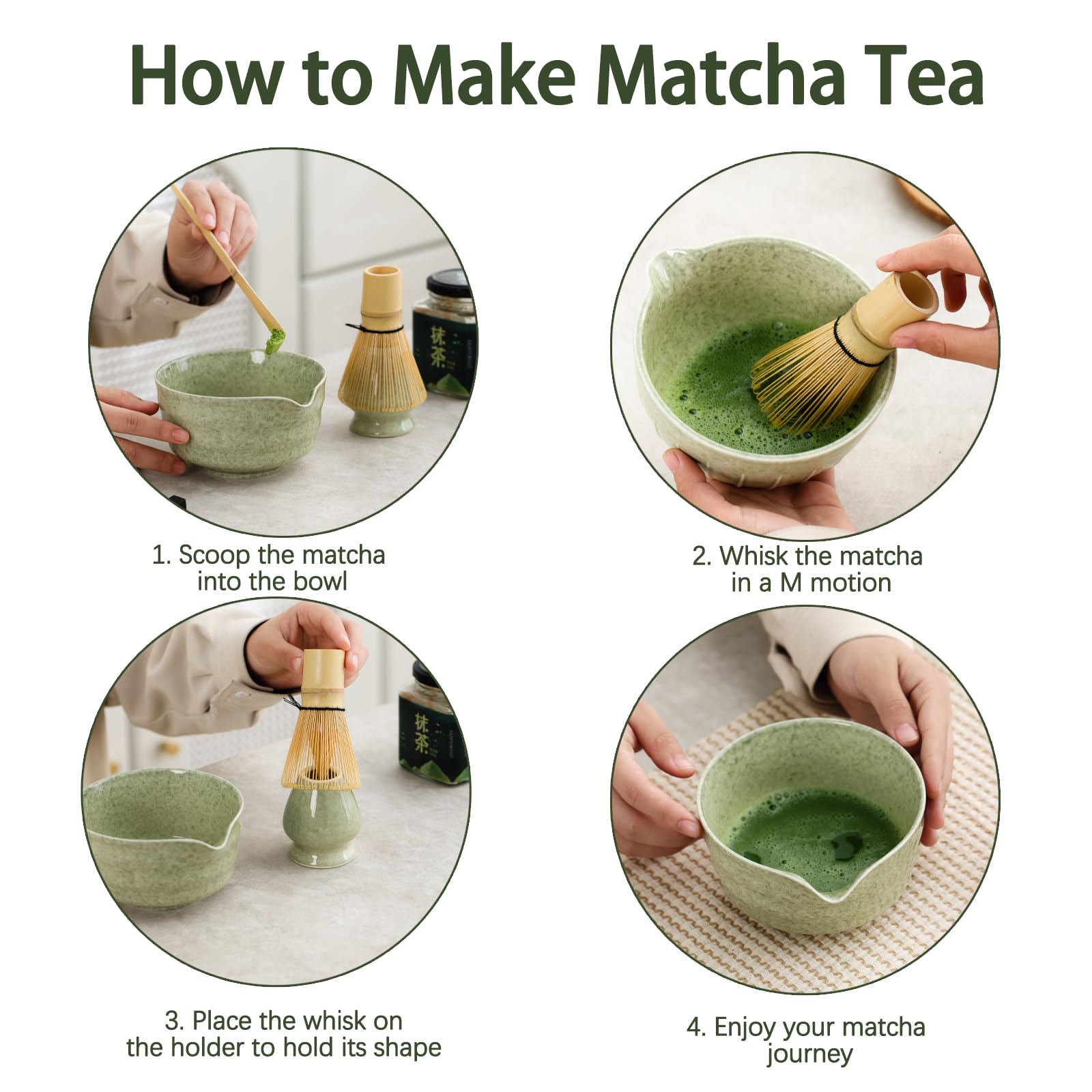 Matcha Set, Japanese Tea Set Includes Matcha Bowl with Spout, Matcha Whisk Holder, Bamboo Matcha Whisk and Bamboo Scoop, 17 oz Mottled Tea Green Glaze Ceramic Matcha Kit for Tea Lovers