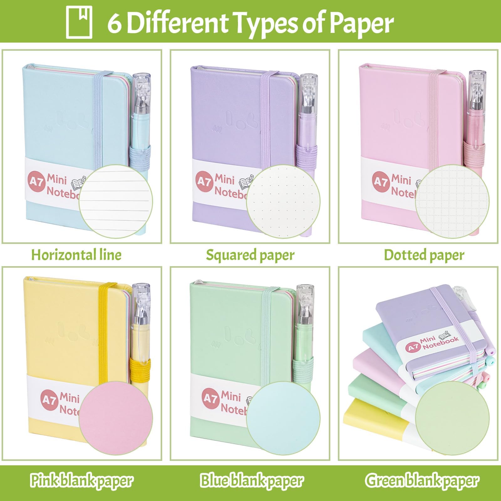 Mulaibdin 5 Pcs Pocket Notebook, Small Journaling Notebooks Pocket Size, A7 Cute Notebook with Pen, Small Notepads with Elastic Band, Portable Mini Leather Notepad for School,Office, Memos,Journal(200 Page)
