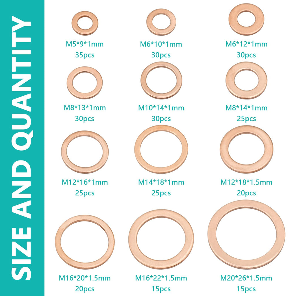 BDS-HOME 300pcs Copper Flat Washers Sealing Washer Assortment Kit 12size Metal Metric Crush Washers M5 M6 M8 M10 M12 M14 M16 M20