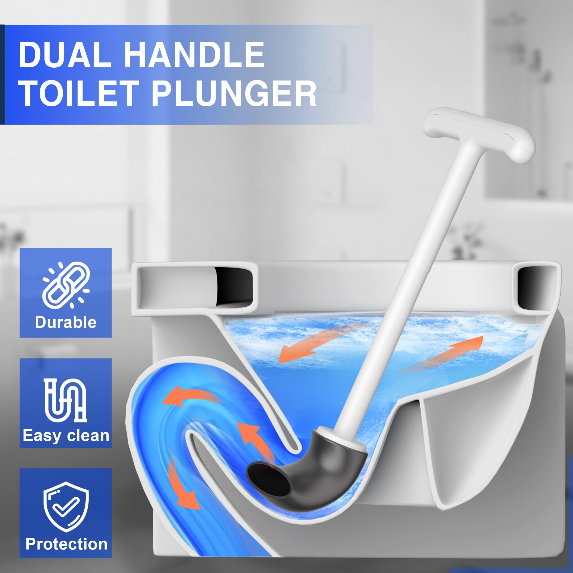 Upgraded Toilet Plunger with Holder, Wall Mounted Toilet Bowl Plunger with Hideaway Caddy, Dual Handle Plunger for Bathroom Built-in Drip Tray, RV Bathroom Accessories