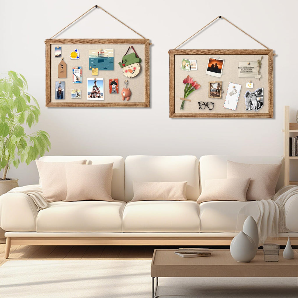 Emfogo 2-Pack Cork Board with Linen 16x11 inch Bulletin Boards Wall Decor Hanging Pin Wood Framed Display Bulletin Cork Picture Board Light for Room School Office Bedroom 20-Pushpin （Torched Wood）