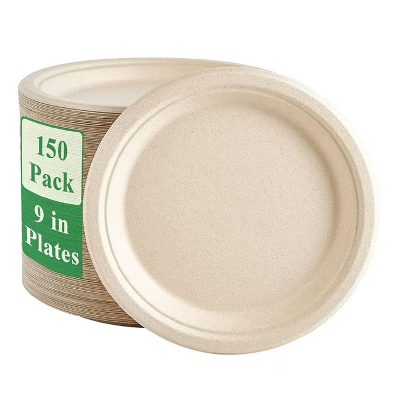 150 Pack Paper Plates, 9" Inch Compostable Plates Disposable Plates Eco Friendly Biodegradable Bagasse Natural Brown for Dinner Paper Plate Party Supplies