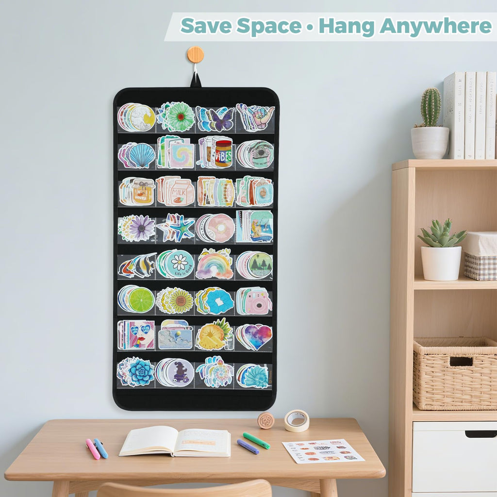 Portable Hanging Sticker Display Organizer – 32 Clear Pockets Wall-Mounted Felt Sticker Holder for Business Cards, Scrapbooking Supplies, Vendors & Crafters (Black)