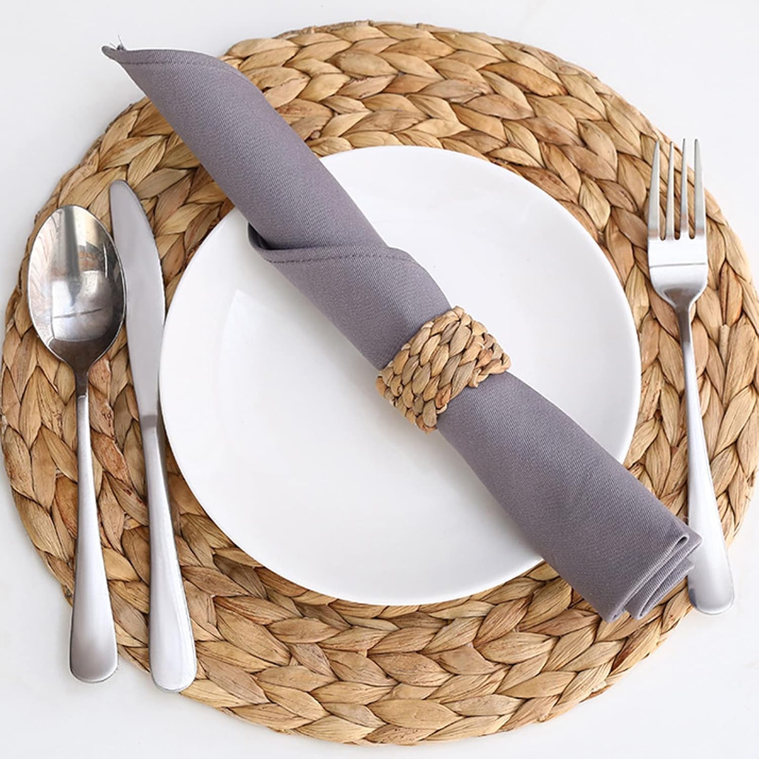 Auch 12 Pcs Woven Napkin Rings, Brown, Round, Water Hyacinth, Farmhouse Napkin Rings for Party, Wedding, Dinner Table Decoration
