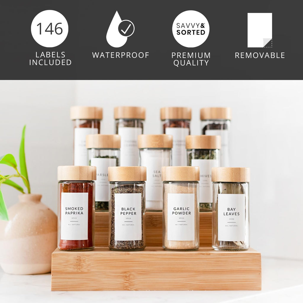 Minimalist Spice Jar Labels – 146 Preprinted Stickers for Spice, Herb & Seasoning Containers – Kitchen Pantry Organization